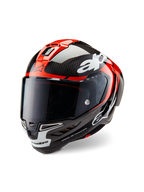 Alpinestars Supertech R10 Element Helmet, Racing Motorcycle Helmet, Black Carbon Bright Red and White Glossy, three-quarter front view with a dark tinted visor, featuring a glossy carbon fiber shell, red top vents, white chin accents, and bold Alpinestars branding, designed for aerodynamic racing performance.
