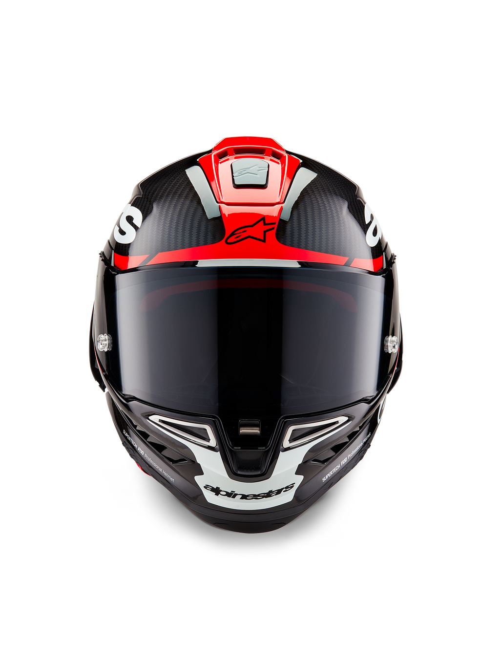 Alpinestars Supertech R10 Element Helmet, Black Carbon with Bright Red and White Glossy graphics, Frontal view featuring a dark smoke visor, visible carbon fiber texture, and integrated ventilation, professional race-grade motorcycle helmet