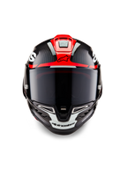 Alpinestars Supertech R10 Element Helmet, Black Carbon with Bright Red and White Glossy graphics, Frontal view featuring a dark smoke visor, visible carbon fiber texture, and integrated ventilation, professional race-grade motorcycle helmet