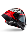 Alpinestars Supertech R10 Element Helmet, Full-face motorcycle racing helmet, Black Carbon with Bright Red and White accents, side profile showing aerodynamic carbon fiber shell, glossy finish with white logo, tinted visor, professional racing protection