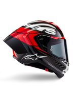 Alpinestars Supertech R10 Element Helmet, Full-face motorcycle racing helmet, Black Carbon with Bright Red and White accents, side profile showing aerodynamic carbon fiber shell, glossy finish with white logo, tinted visor, professional racing protection
