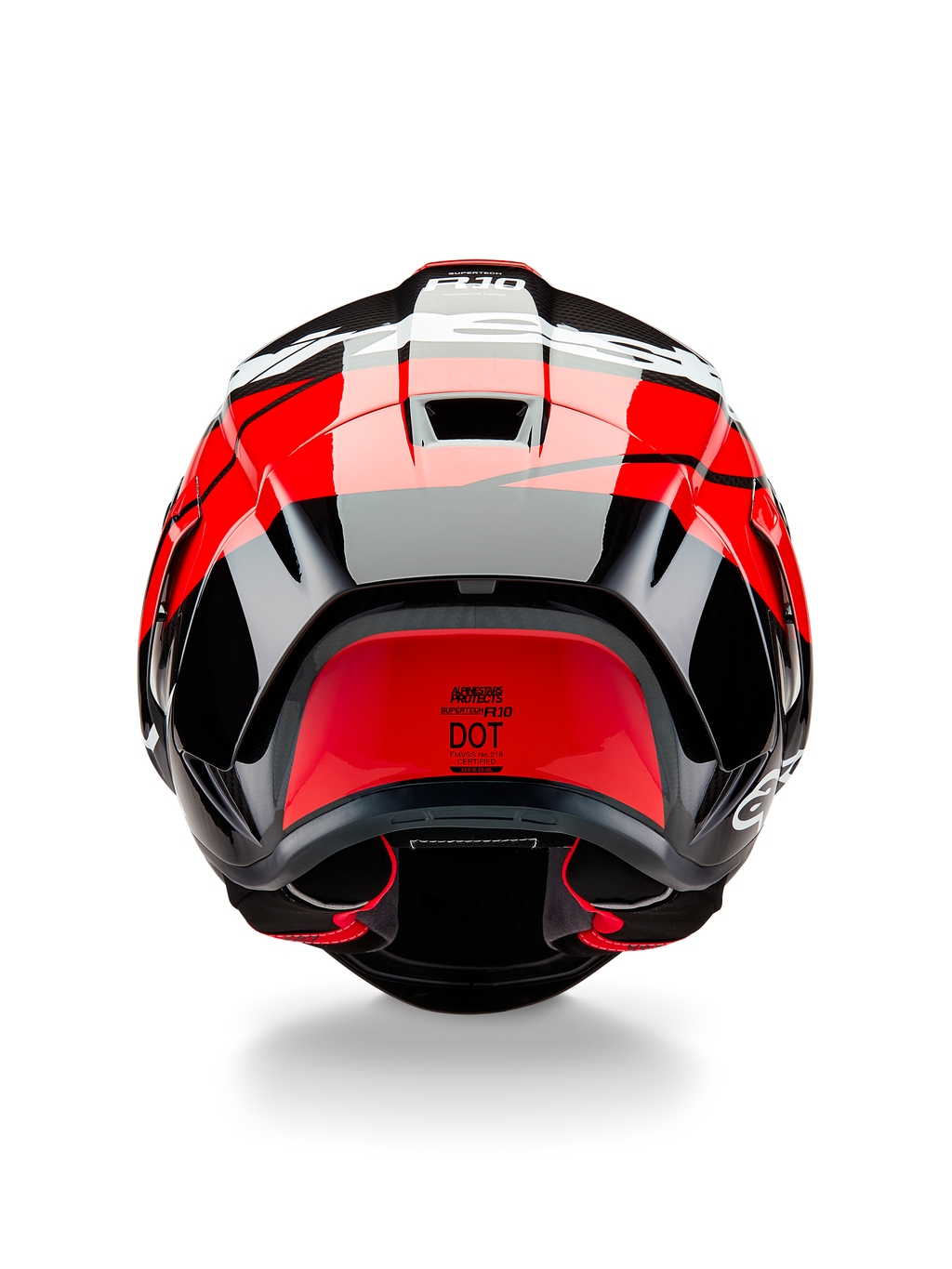 Alpinestars Supertech R10 Element Helmet, rear view, Black Carbon with Bright Red and White Glossy accents, featuring an aerodynamic rear spoiler, exhaust vents, and DOT certification label, sleek racing-inspired design with carbon fiber detailing