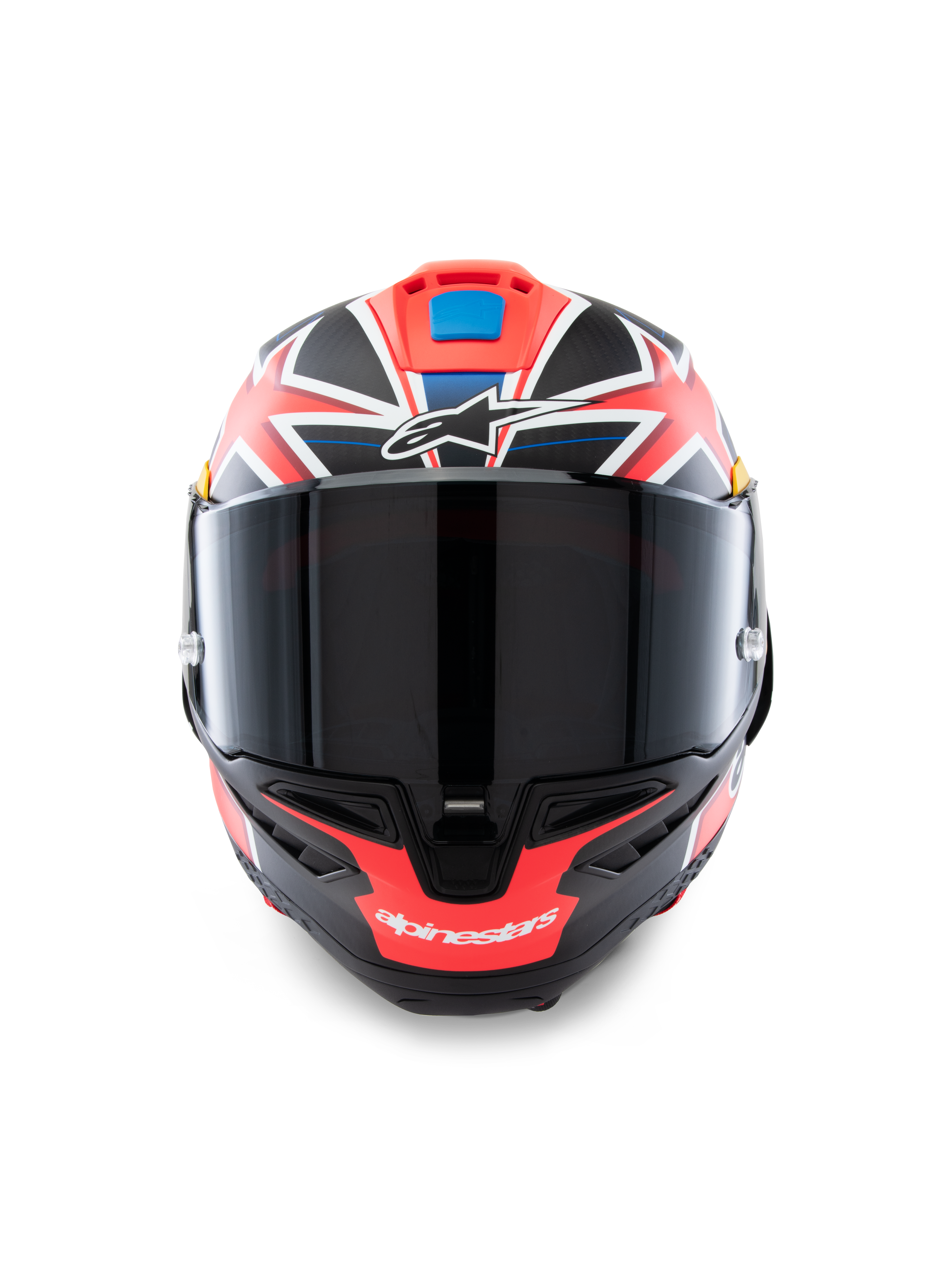 Capacete Alpinestars Supertech R10 Miller Limited Edition, vista frontal, capacete integral de motociclismo de competição com grafismo Carbon Red Matt e detalhes em branco e azul, viseira fumada escura, design de assinatura de Jack Miller, construção aerodinâmica da carcaça em carbono