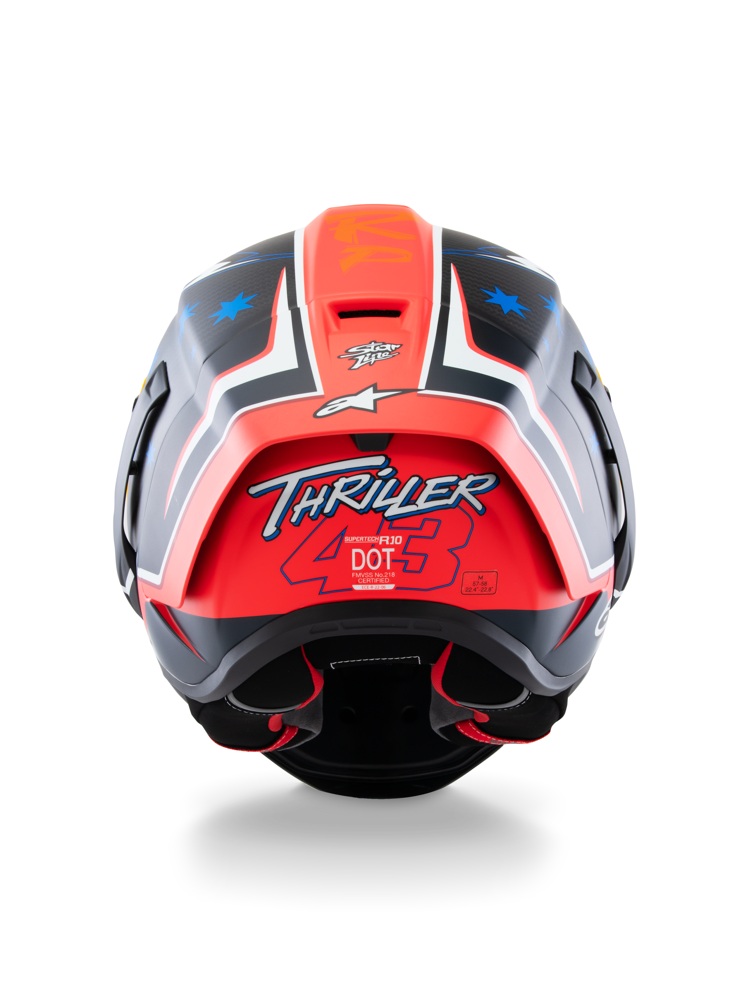 Alpinestars Supertech R10 Miller Limited Edition Helmet, capacete de corrida integral, Carbon Red Matt com gráficos de estrelas azuis, vista traseira destacando o logótipo 'Thriller 43' no spoiler vermelho, design aerodinâmico com etiquetas de certificação