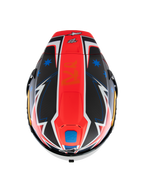 Capacete Alpinestars Supertech R10 Miller Limited Edition, vista superior, gráfico Carbon Red Matt com uma risca central vermelha, estrelas azuis em secções de fibra de carbono preta, detalhes brancos e azuis em estilo relâmpago, design aerodinâmico de corrida para desempenho em pista.