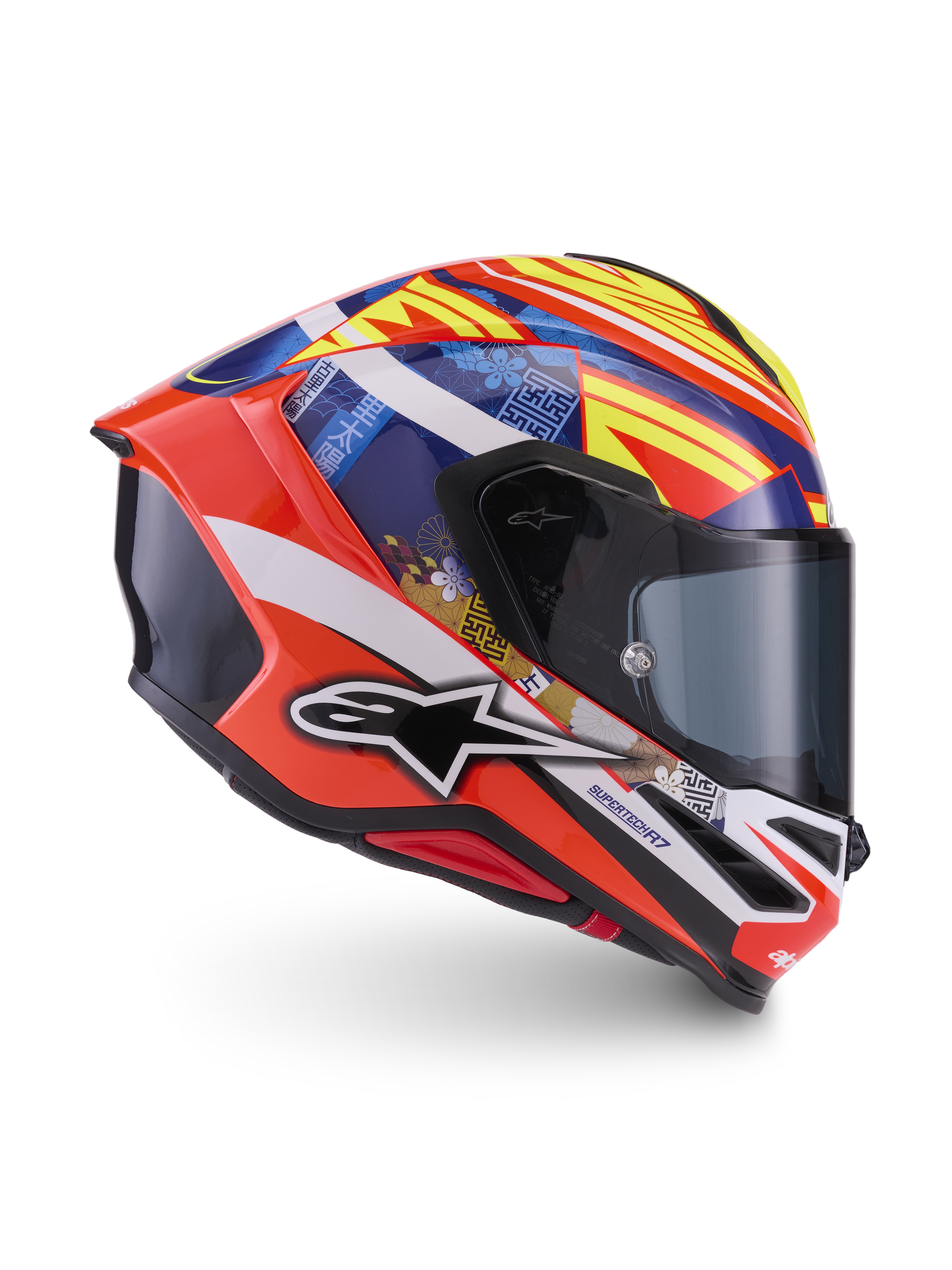 Alpinestars S-R7 Taiyo Furusato Helmet ECE 22.06, Full Face Motorcycle Racing Helmet, Red, White, Blue, and Yellow, carbon composite construction with aerodynamic spoiler and optical class 1 visor