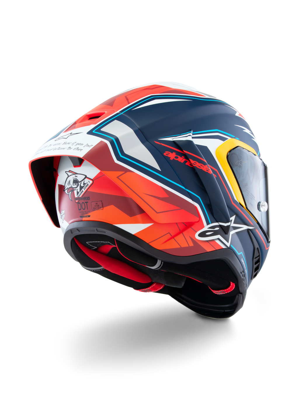 Alpinestars Capacete Supertech R10 Acosta Edição Limitada, capacete de corrida, azul, vermelho e branco, construção em carbono, certificado ECE 22.06 e DOT, vista traseira