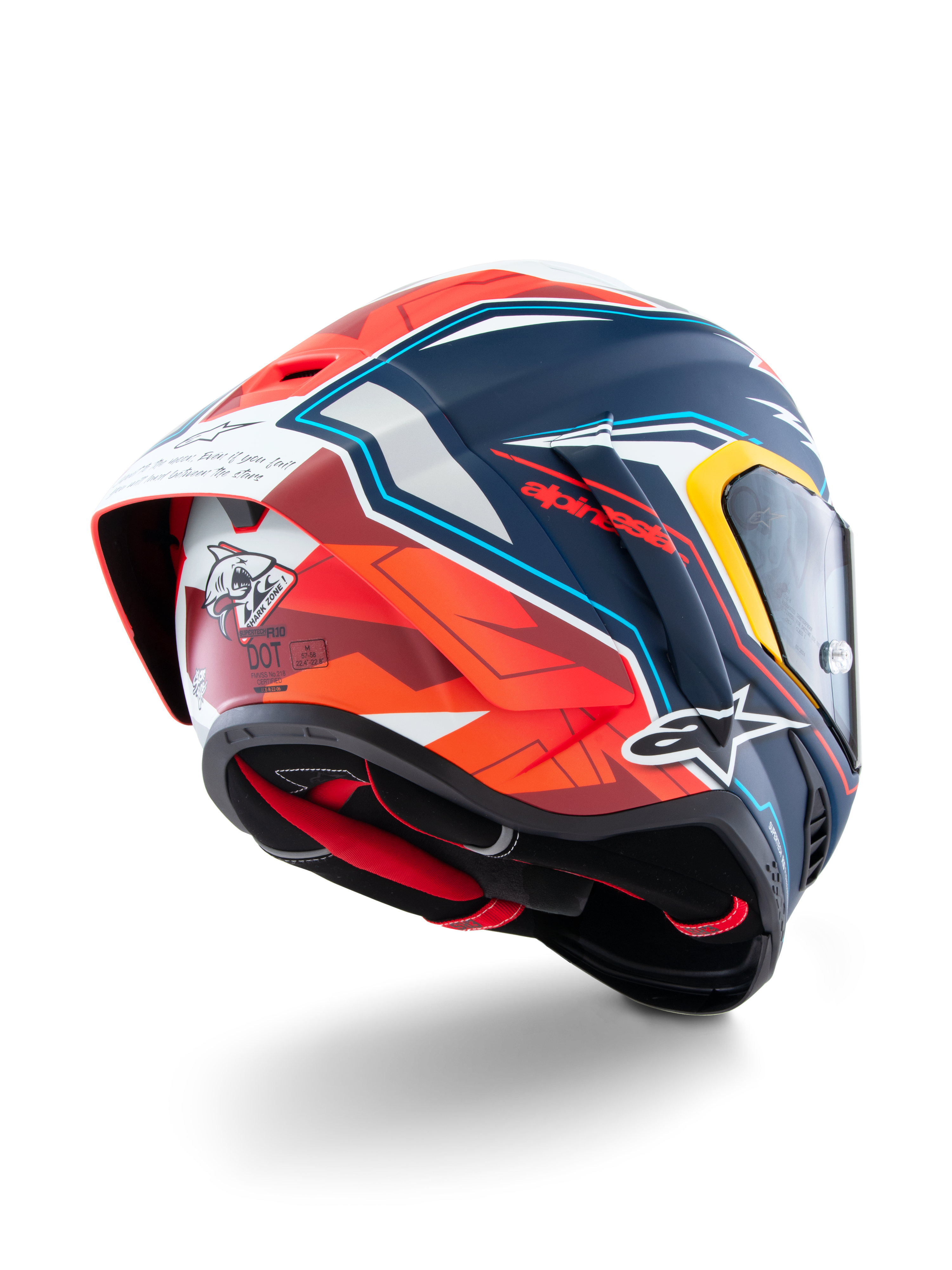 Alpinestars Capacete Supertech R10 Acosta Edição Limitada, capacete de corrida, azul, vermelho e branco, construção em carbono, certificado ECE 22.06 e DOT, vista traseira