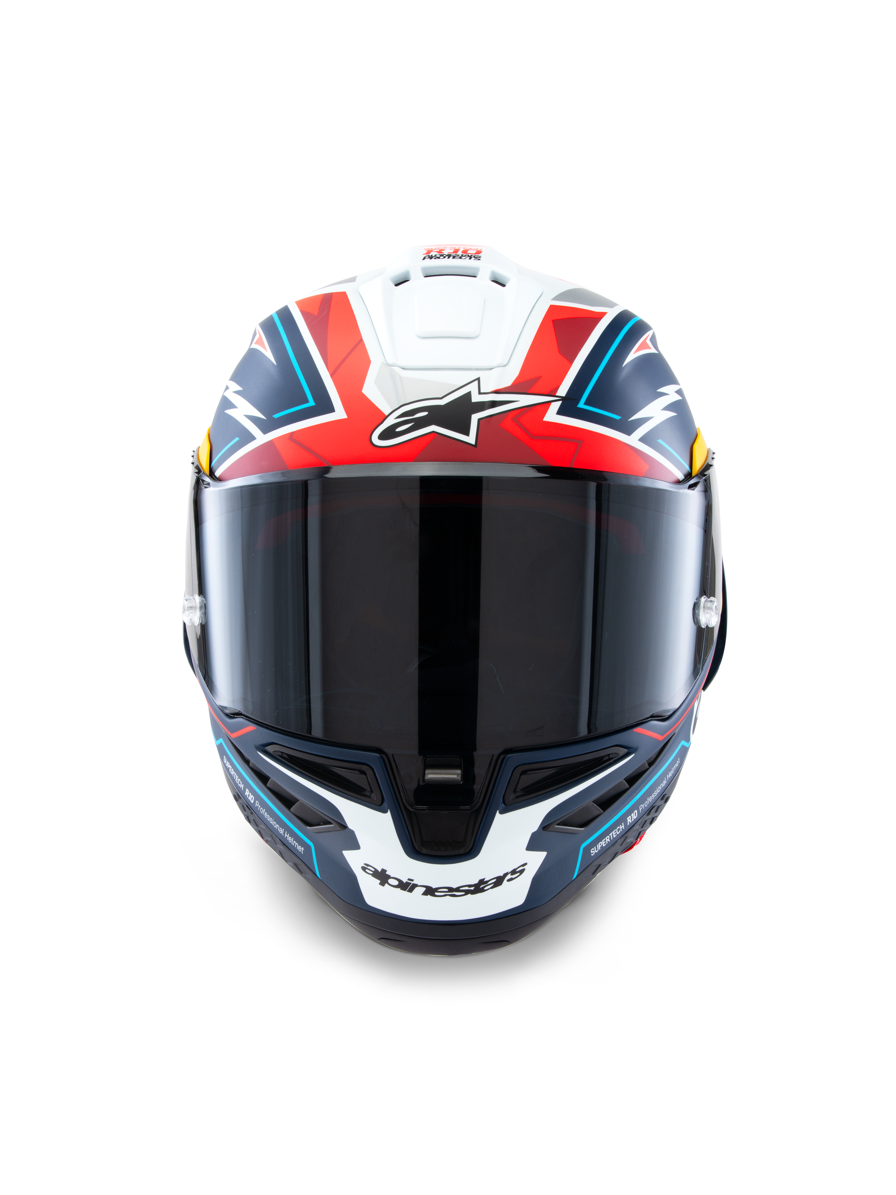 Capacete Alpinestars Supertech R10 Acosta Limited Edition, vista frontal, azul, vermelho e branco mate, capacete de corrida de alta performance com viseira fumada escura, design geométrico arrojado e logótipo Alpinestars, calota em composto de carbono