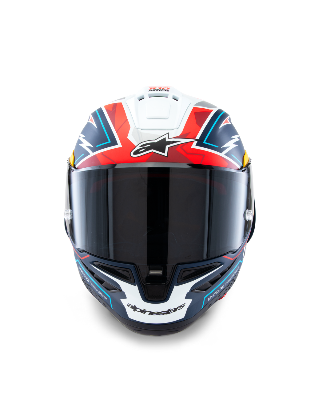 Alpinestars Capacete Supertech R10 Acosta Edição Limitada, capacete de corrida para motociclismo, azul, vermelho e branco, calota em carbono, certificado ECE 22.06, DOT e FIM, vista frontal