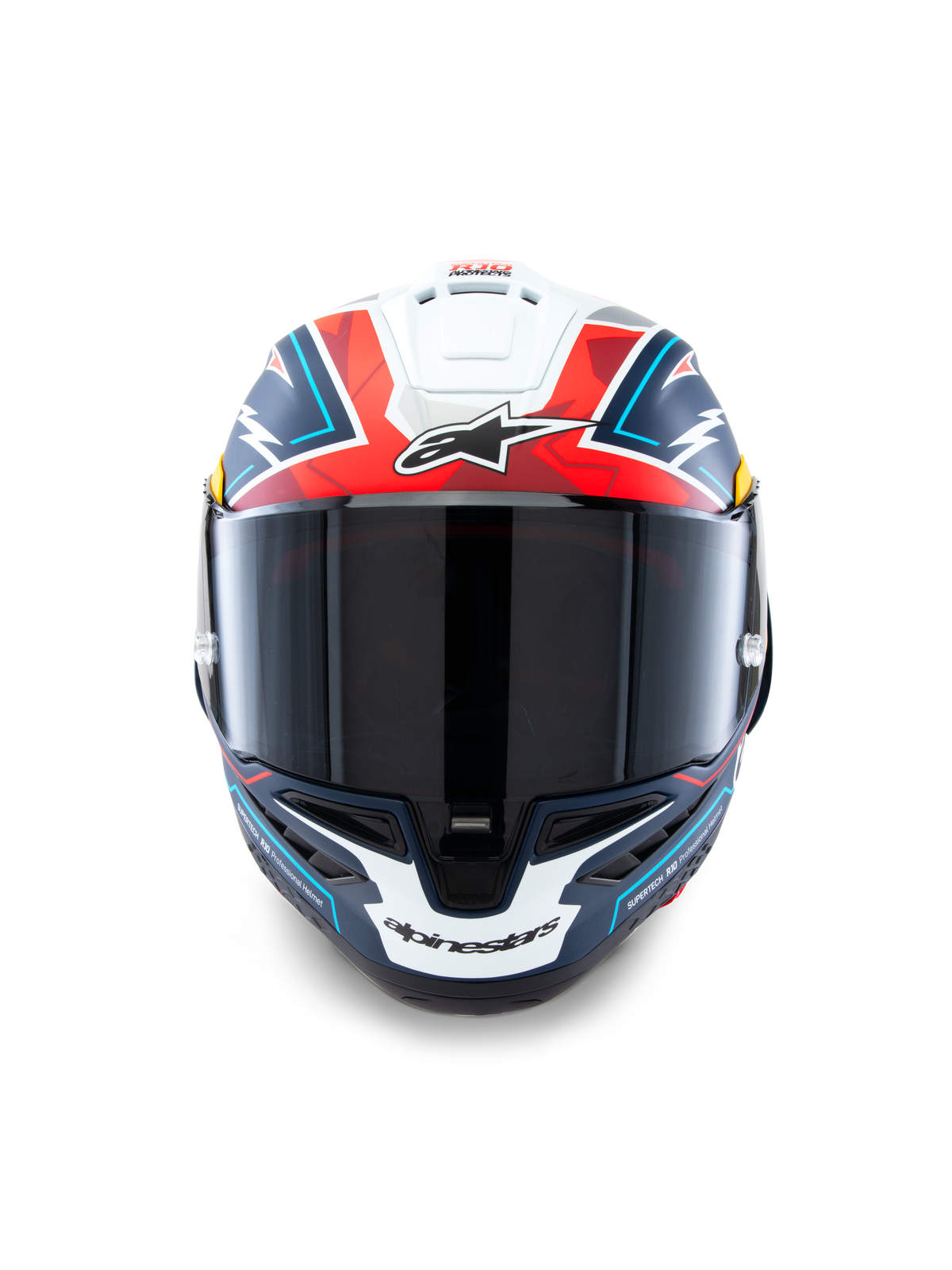 Alpinestars Capacete Supertech R10 Acosta Edição Limitada, capacete de corrida para motociclismo, azul, vermelho e branco, calota em carbono, certificado ECE 22.06, DOT e FIM, vista frontal