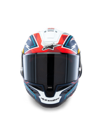Alpinestars Capacete Supertech R10 Acosta Edição Limitada, capacete de corrida para motociclismo, azul, vermelho e branco, calota em carbono, certificado ECE 22.06, DOT e FIM, vista frontal