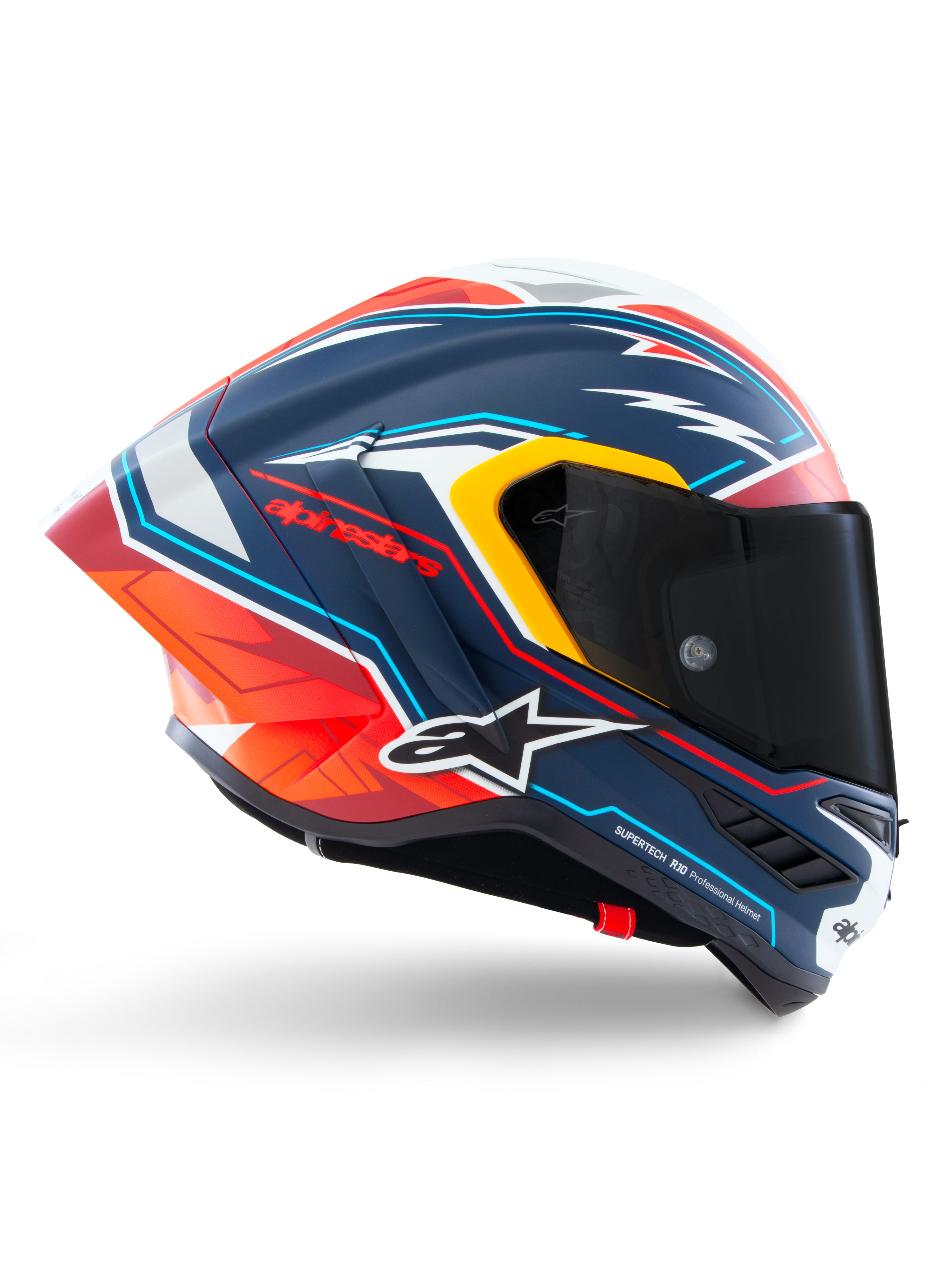 Capacete Alpinestars Supertech R10 Acosta Limited Edition, capacete de corrida de motociclismo, azul mate com design gráfico em vermelho, laranja e branco, vista de perfil lateral, viseira fumada escura, calota de carbono aerodinâmica, desempenho de nível profissional
