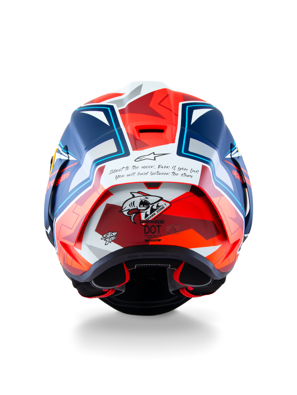 Alpinestars Supertech R10 Acosta Edição Limitada, capacete de corrida, azul, vermelho e branco, vista traseira com construção em carbono, gráfico de tubarão e certificação DOT