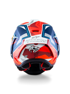 Alpinestars Supertech R10 Acosta Edição Limitada, capacete de corrida, azul, vermelho e branco, vista traseira com construção em carbono, gráfico de tubarão e certificação DOT