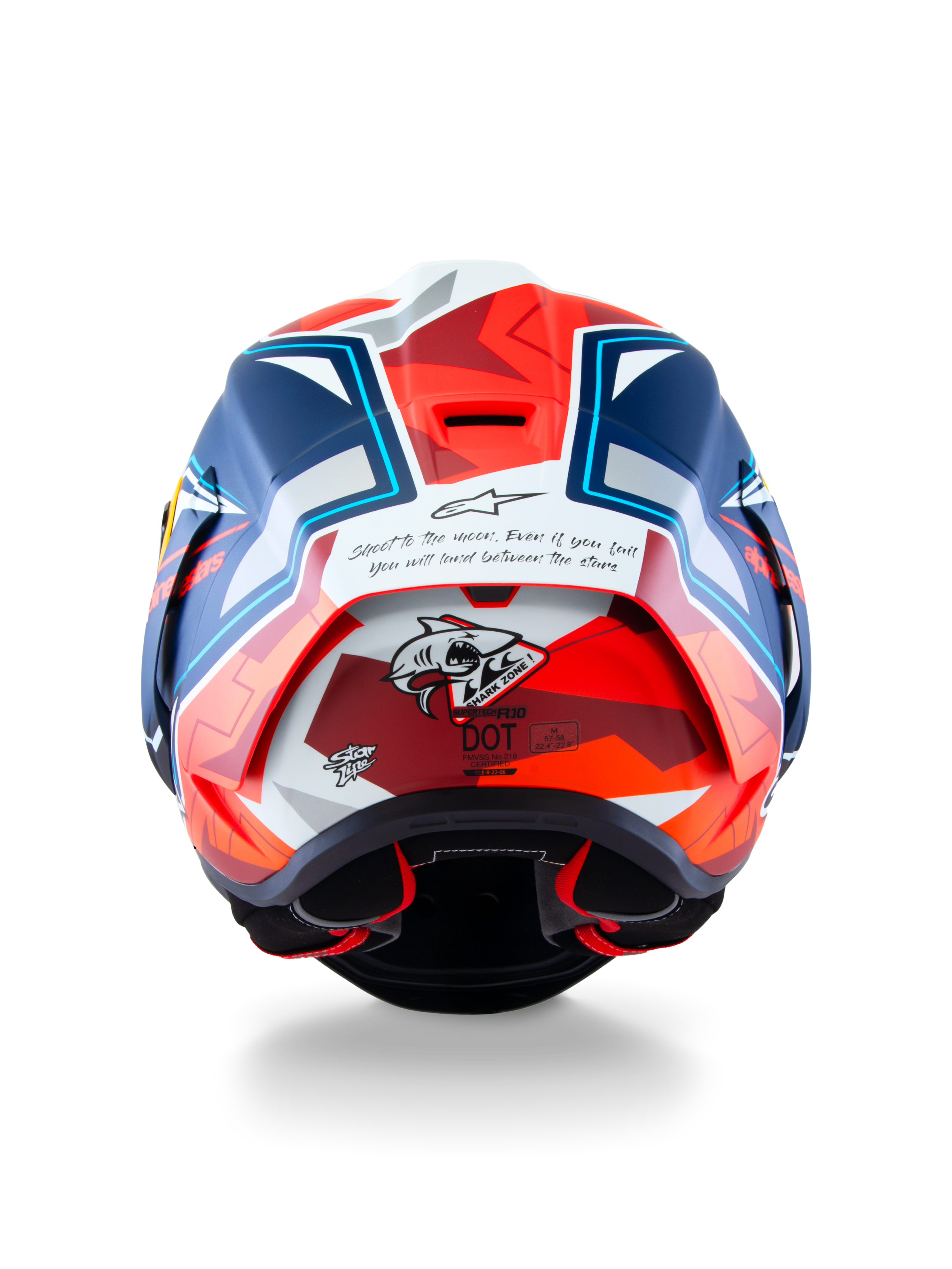 Alpinestars Supertech R10 Acosta Edição Limitada, capacete de corrida, azul, vermelho e branco, vista traseira com construção em carbono, gráfico de tubarão e certificação DOT