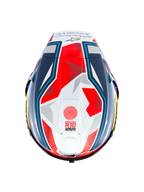 Alpinestars Capacete Supertech R10 Acosta Edição Limitada, vista superior do capacete de corrida em carbono azul, vermelho e branco, com spoiler aerodinâmico e gráficos de competição, certificado ECE 22.06 e FIM