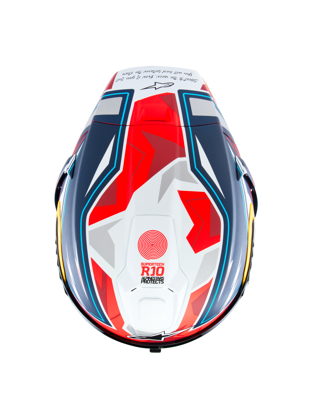 Alpinestars Capacete Supertech R10 Acosta Edição Limitada, vista superior do capacete de corrida em carbono azul, vermelho e branco, com spoiler aerodinâmico e gráficos de competição, certificado ECE 22.06 e FIM