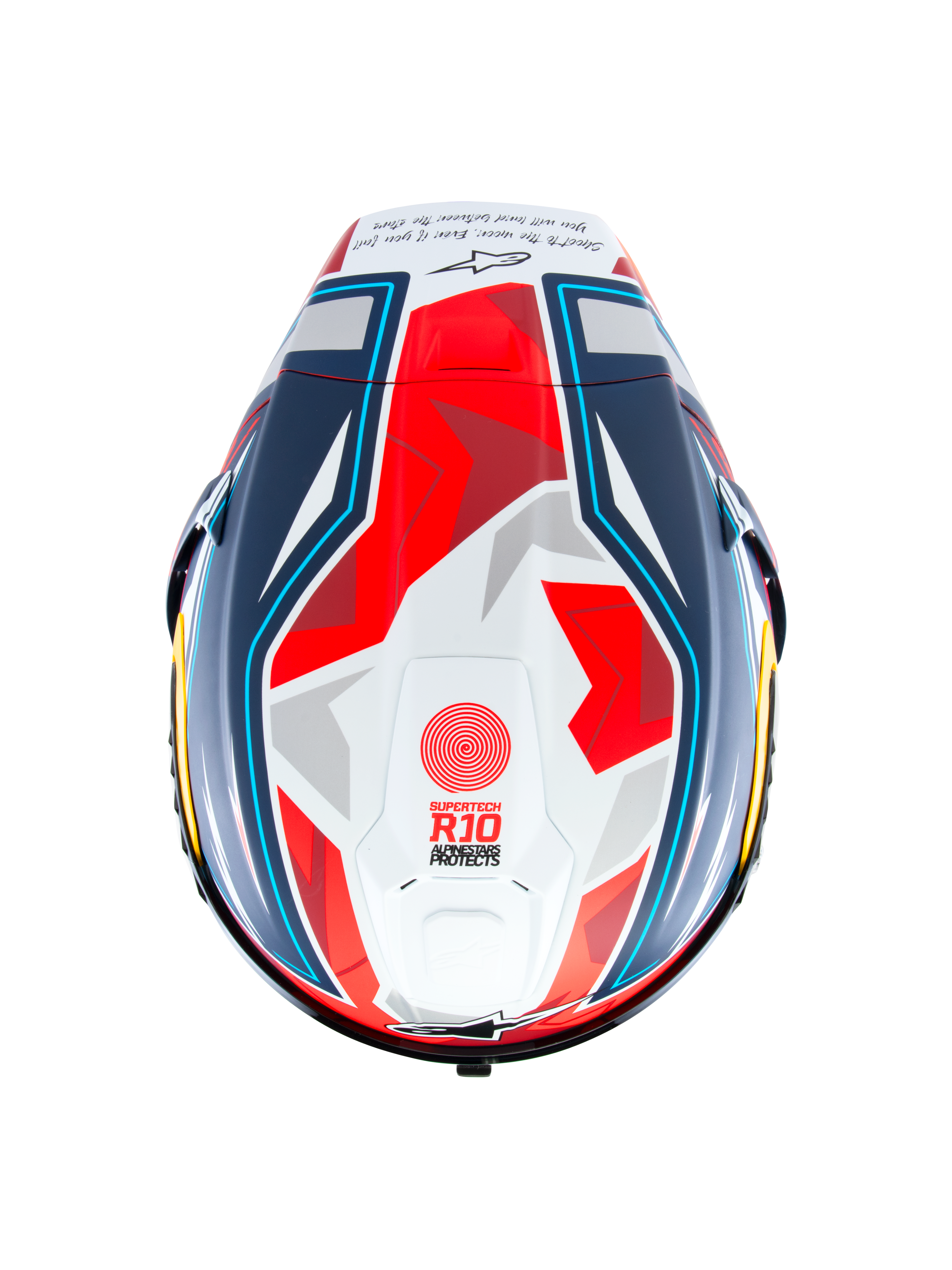 Capacete Alpinestars Supertech R10 Acosta Edição Limitada, vista superior, azul, vermelho e branco mate, capacete de motociclismo de corrida com calota aerodinâmica e grafismos geométricos, marca 'Supertech R10' no topo e acabamento mate.