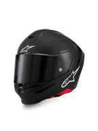 Alpinestars S-R7 Solid Helmet, full-face motorcycle helmet, Black Matte with white A-star logos on forehead and side, dark tinted visor, aerodynamic shell design for racing and sport riding