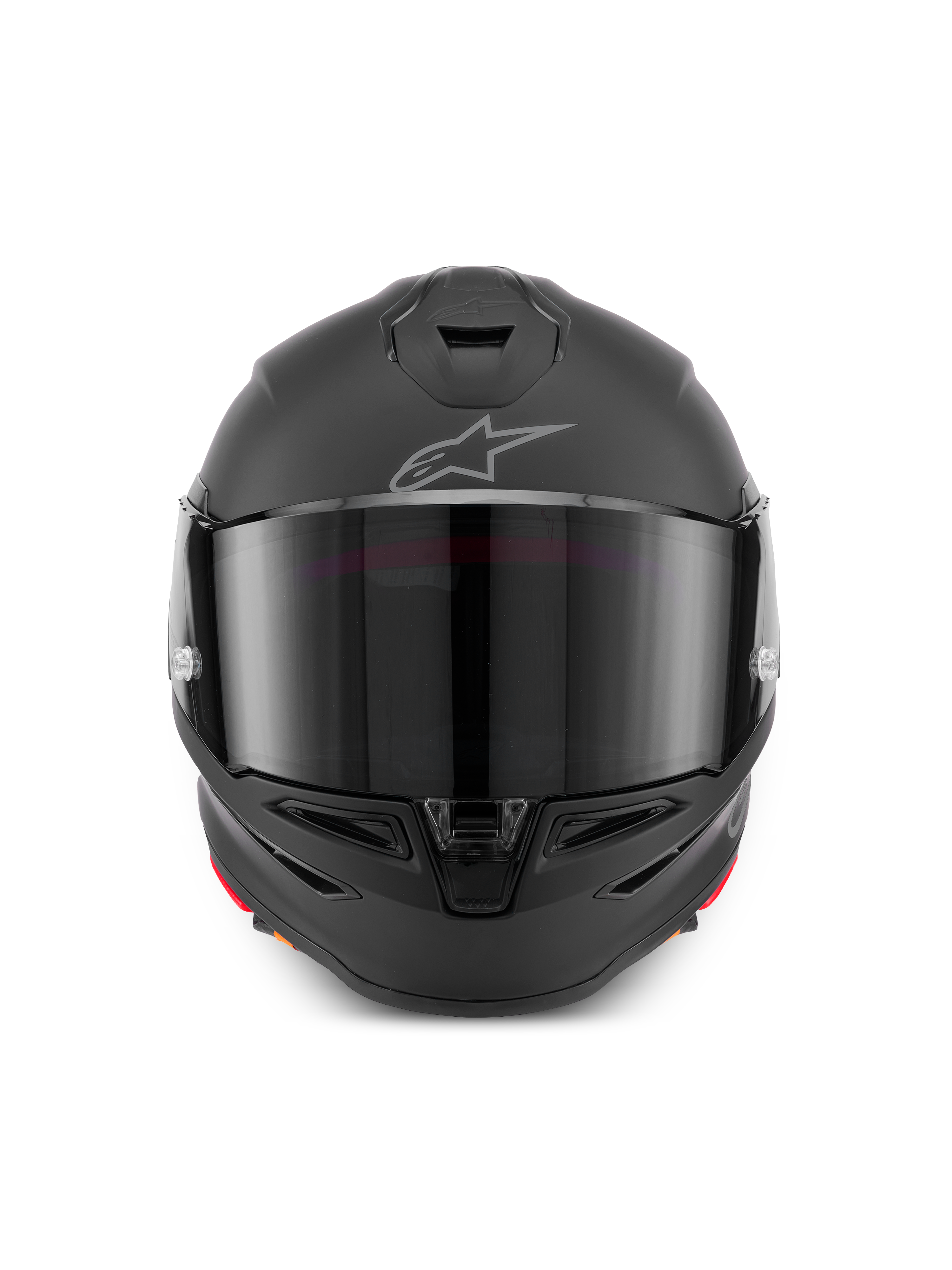 Alpinestars S-R7 Solid Helmet, full-face motorcycle helmet in Black Matte, front view showing aerodynamic shell with dark visor, integrated chin and top vents, and signature Astar logo on the forehead.