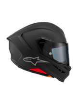 Alpinestars S-R7 Solid Helmet, Full-Face motorcycle helmet, Matte Black, side profile view showing aerodynamic carbon composite shell, integrated rear spoiler, silver Astars logo, clear visor, and ventilation ports, racing and sport riding gear