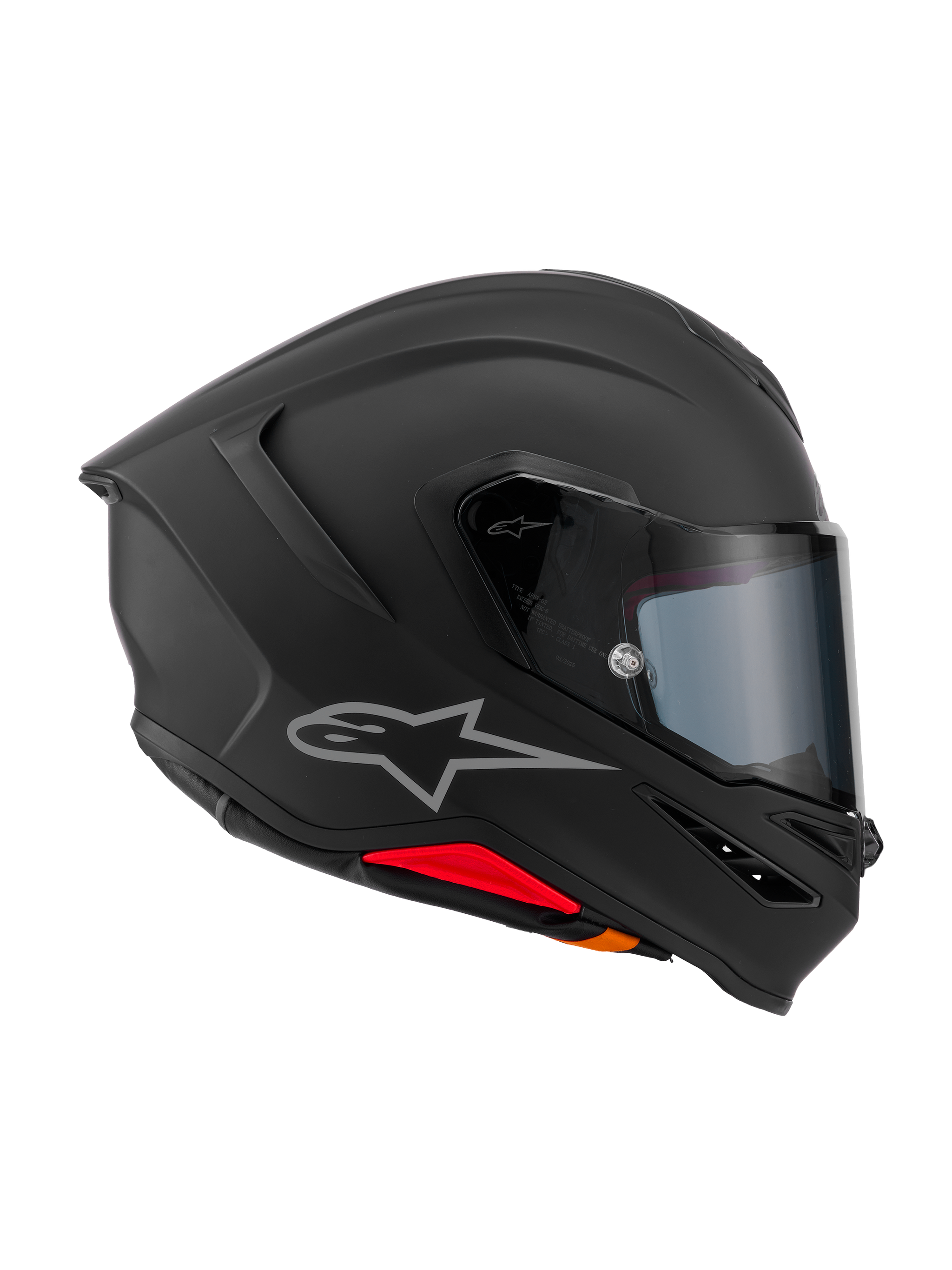 Alpinestars S-R7 Solid Helmet, Full-Face motorcycle helmet, Matte Black, side profile view showing aerodynamic carbon composite shell, integrated rear spoiler, silver Astars logo, clear visor, and ventilation ports, racing and sport riding gear