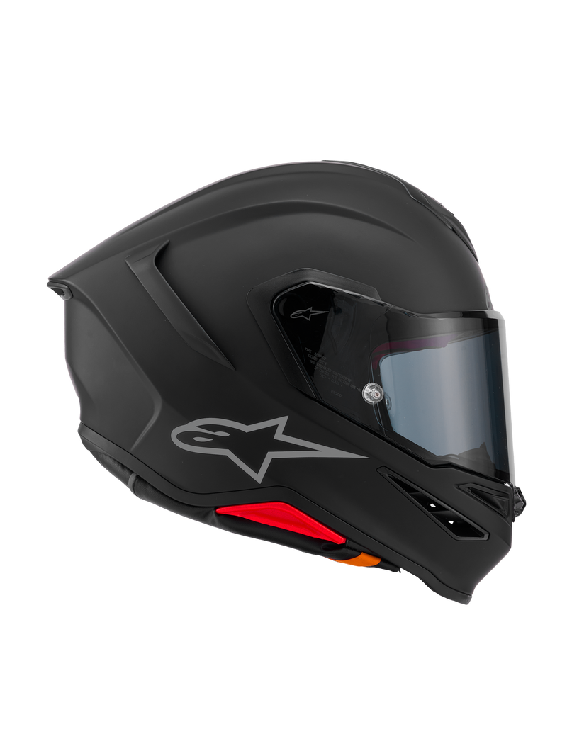 Capacete Alpinestars S-R7 Solid, capacete de motociclismo integral, preto mate, vista de perfil lateral mostrando a calota em compósito de carbono com spoiler traseiro, logótipo Astars prateado e viseira transparente, equipamento para desporto e competição