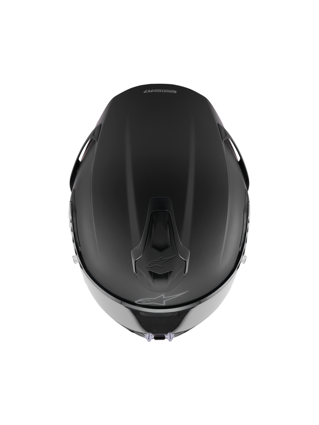 Alpinestars S-R7 Solid Helmet, Full-Face Racing Helmet, Black Matte, Top-down view showing aerodynamic shell construction, integrated ventilation ports, and subtle Alpinestars branding.