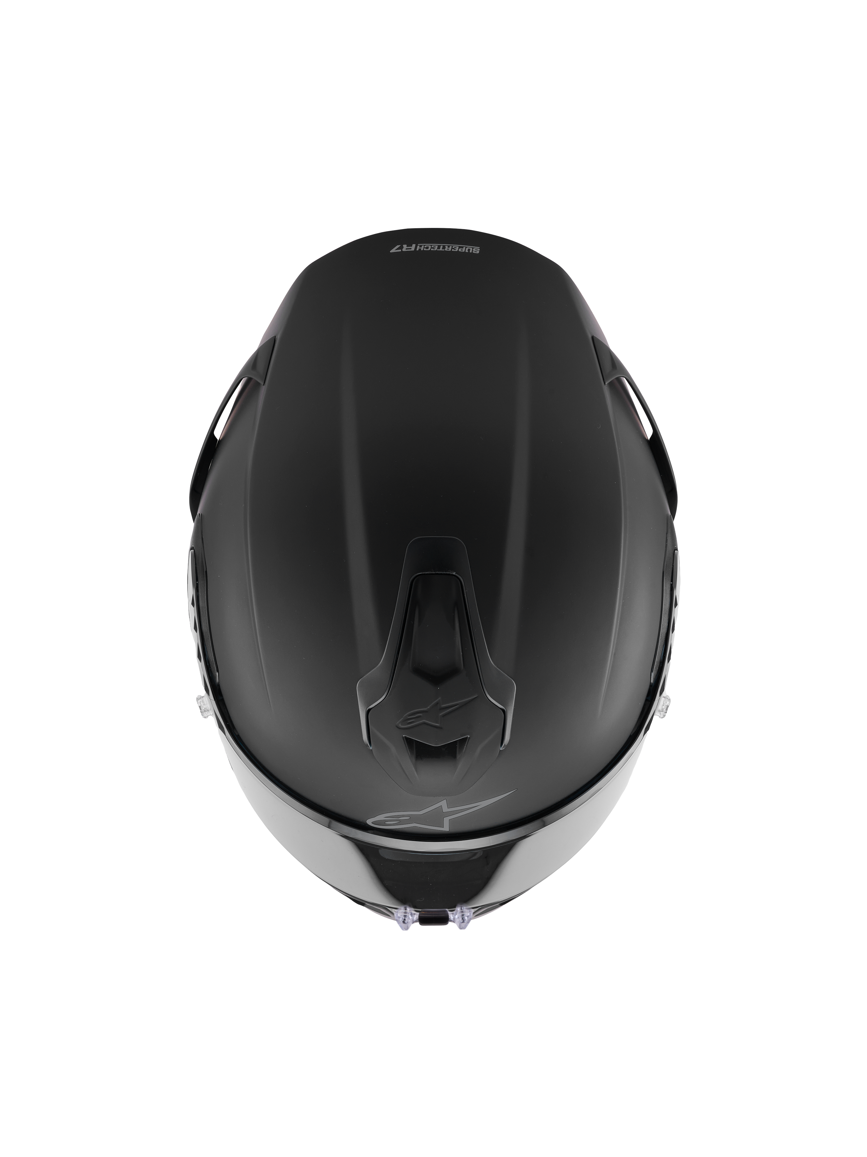 Alpinestars S-R7 Solid Helmet, Full-Face Racing Helmet, Black Matte, Top-down view showing aerodynamic shell construction, integrated ventilation ports, and subtle Alpinestars branding.