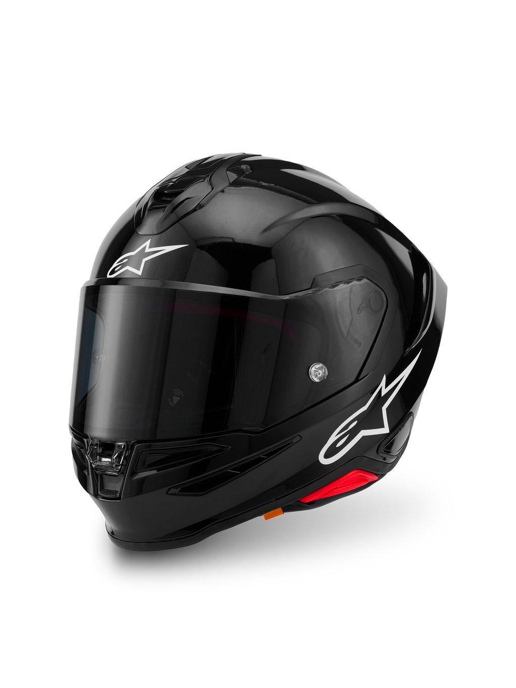 Alpinestars S-R7 Solid Helmet, capacete de motociclismo integral, preto brilhante, casco em compósito de carbono, logótipos de estrela brancos na parte frontal e lateral, design aerodinâmico com spoiler integrado e aberturas de ventilação