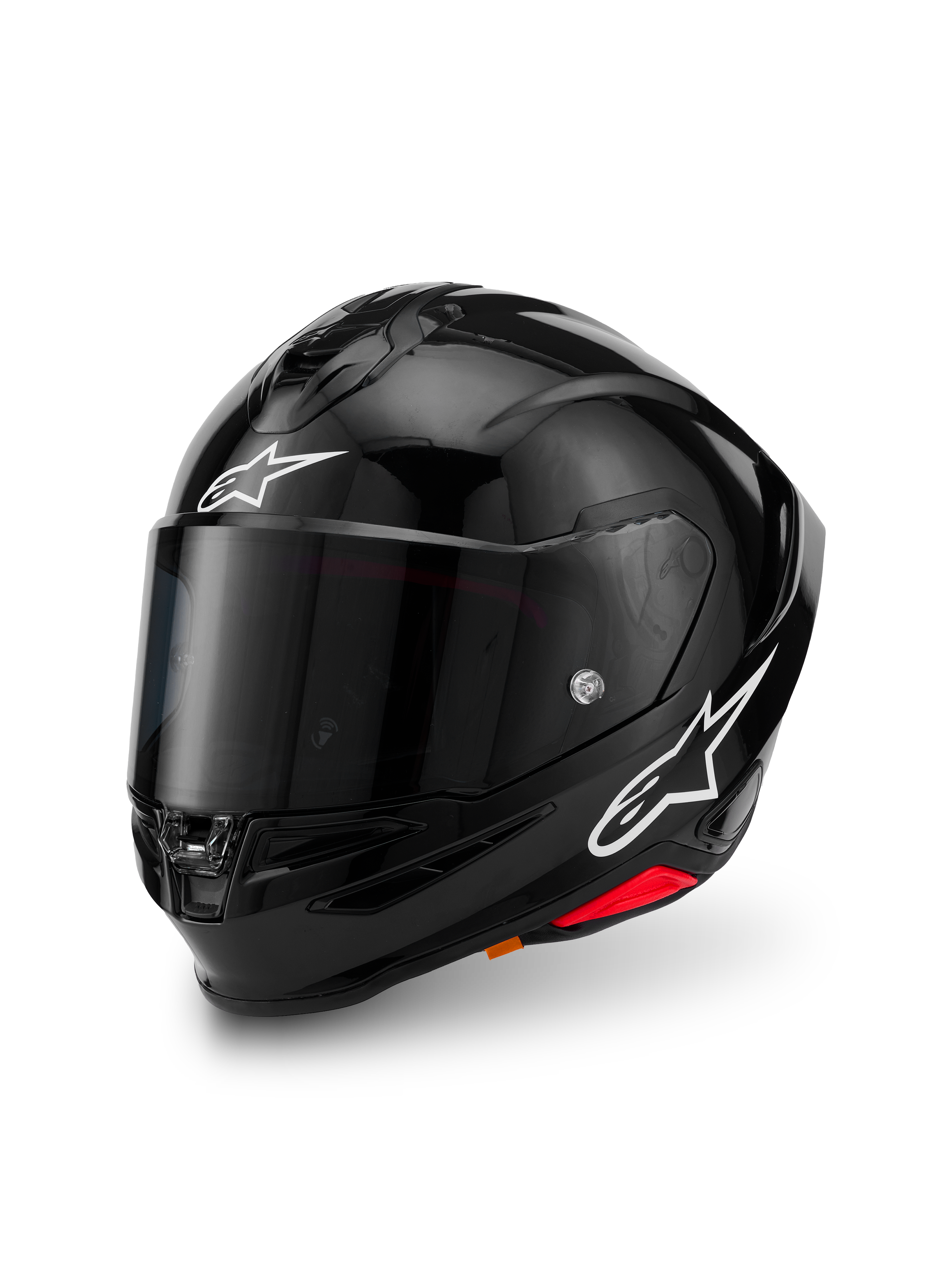 Alpinestars S-R7 Solid Helmet, capacete de motociclismo integral, preto brilhante, casco em compósito de carbono, logótipos de estrela brancos na parte frontal e lateral, design aerodinâmico com spoiler integrado e aberturas de ventilação