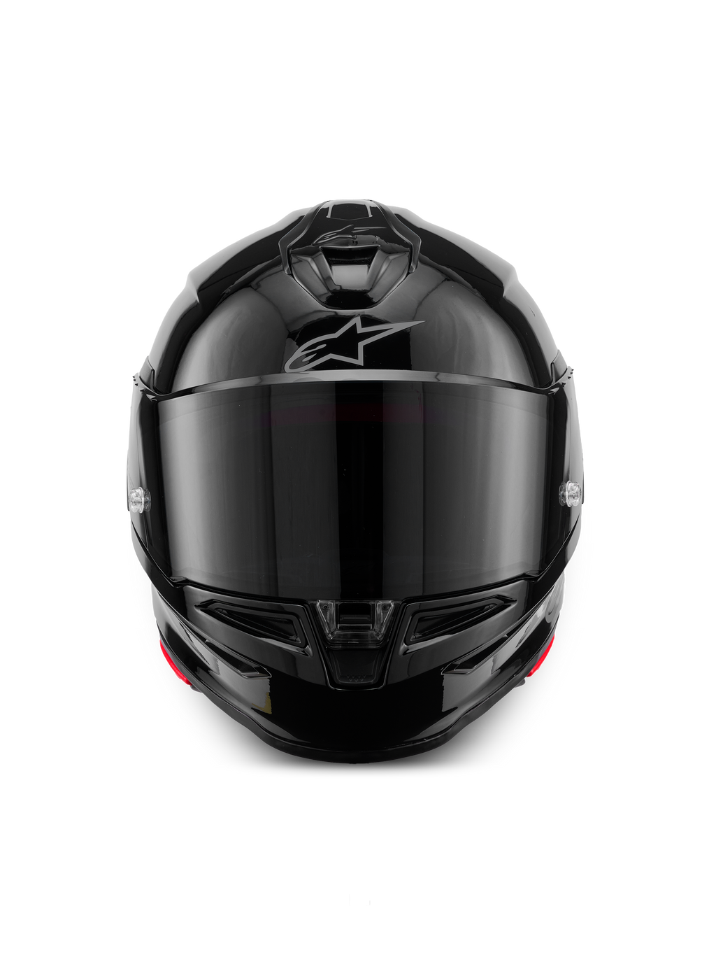 Capacete Alpinestars S-R7 Solid, capacete de motociclismo integral, preto brilhante, vista frontal com viseira fumada escura, calota aerodinâmica simplificada com entradas de ar no queixo e no topo, logótipo prateado subtil da Alpinestars na testa