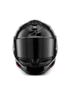 Capacete Alpinestars S-R7 Solid, capacete de motociclismo integral, preto brilhante, vista frontal com viseira fumada escura, calota aerodinâmica simplificada com entradas de ar no queixo e no topo, logótipo prateado subtil da Alpinestars na testa