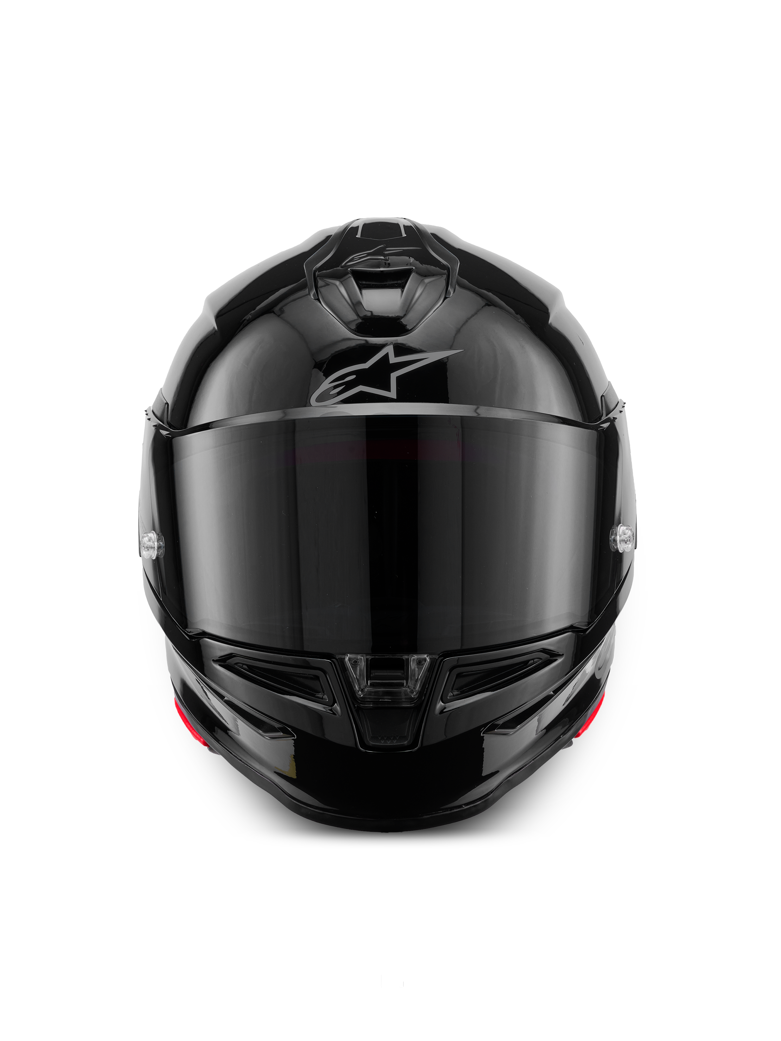 Capacete Alpinestars S-R7 Solid, capacete de motociclismo integral, preto brilhante, vista frontal com viseira fumada escura, calota aerodinâmica simplificada com entradas de ar no queixo e no topo, logótipo prateado subtil da Alpinestars na testa