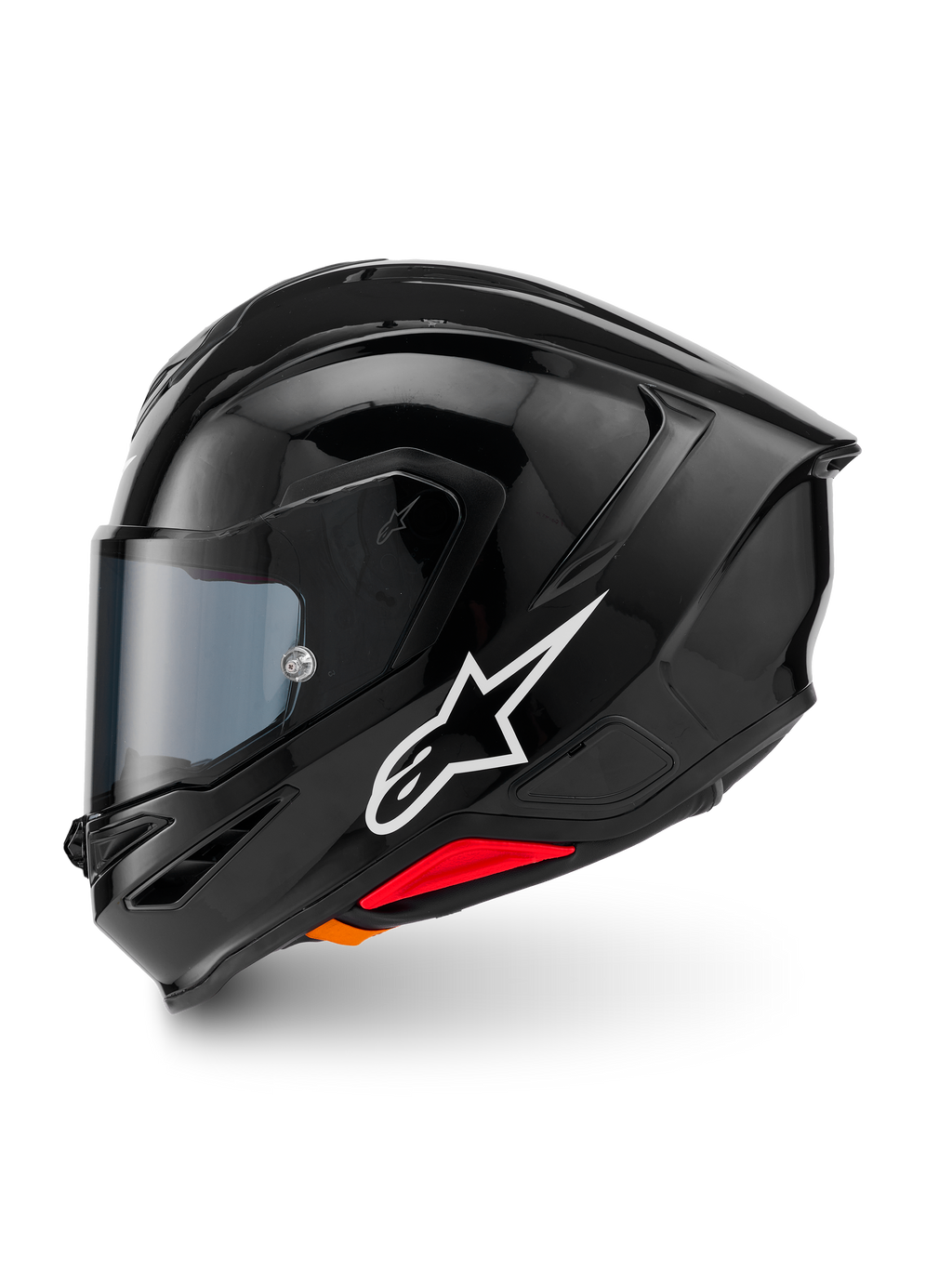 Capacete Alpinestars S-R7 Solid, capacete integral de motociclismo, Preto Brilhante, vista de perfil lateral esquerda com logótipo Alpinestars em branco, calota aerodinâmica com spoiler integrado, viseira fumada e detalhes vermelhos de libertação de emergência.