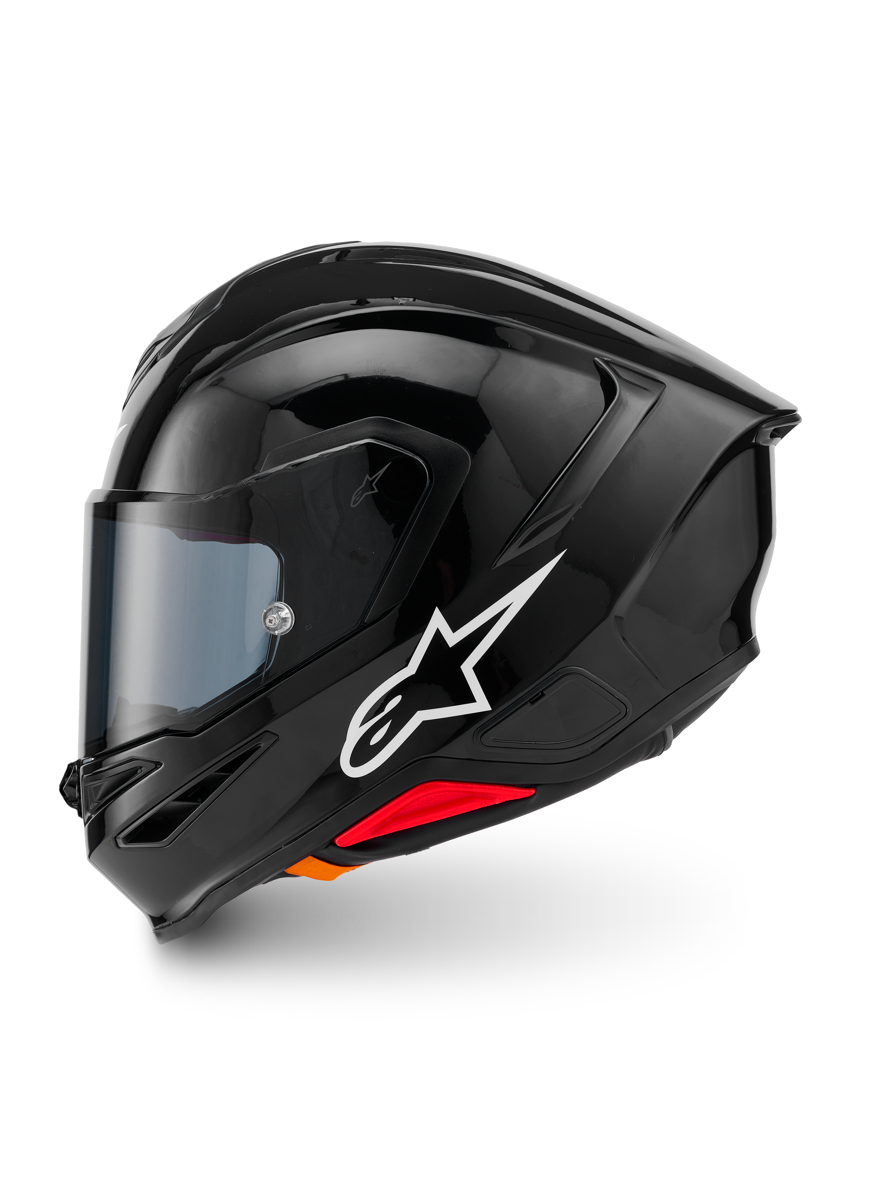 Capacete Alpinestars S-R7 Solid, capacete integral de motociclismo, Preto Brilhante, vista de perfil lateral esquerda com logótipo Alpinestars em branco, calota aerodinâmica com spoiler integrado, viseira fumada e detalhes vermelhos de libertação de emergência.