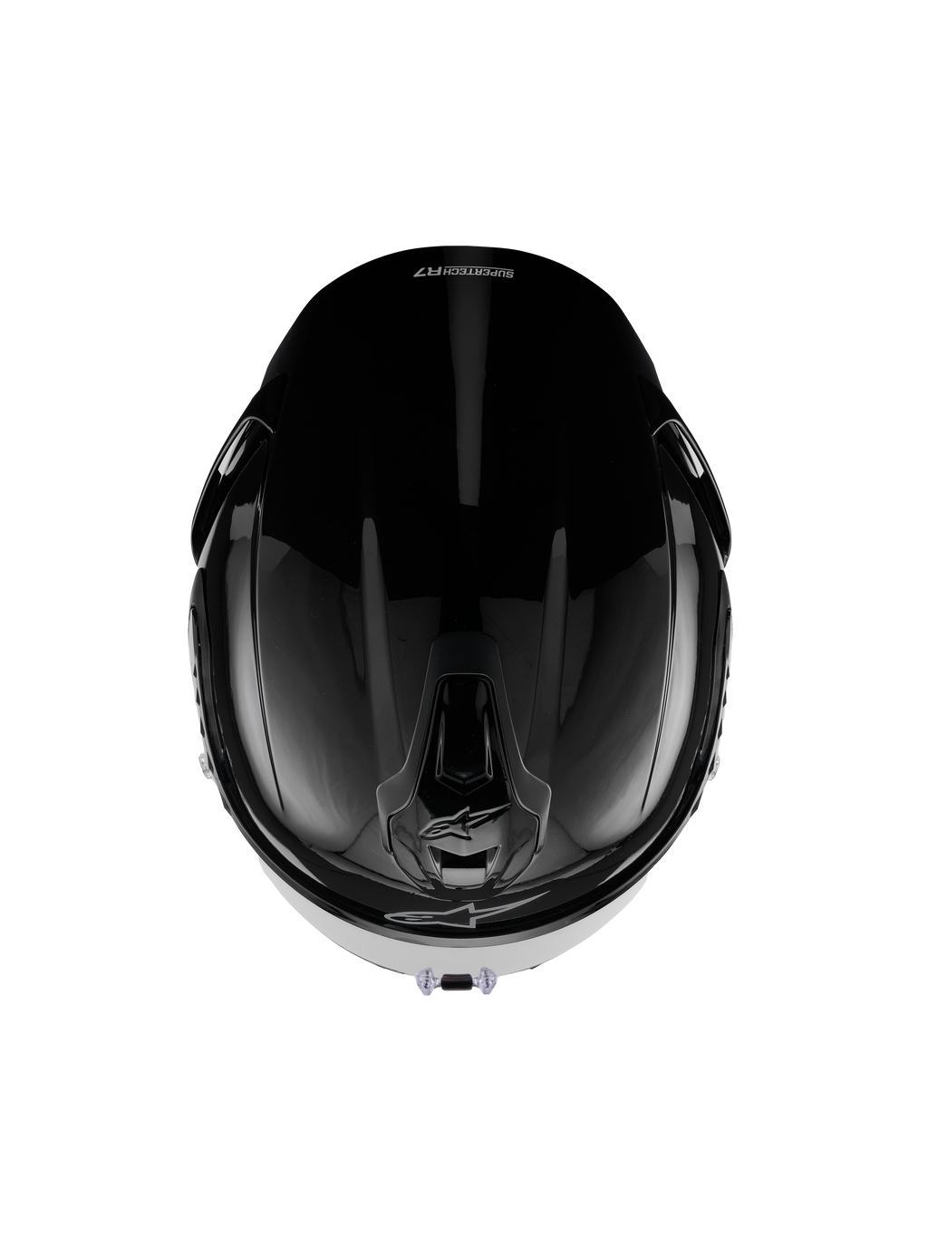 Capacete Alpinestars S-R7 Solid, capacete integral de motociclismo, preto brilhante, vista superior mostrando o casco aerodinâmico, as aberturas de ventilação e o acabamento brilhante elegante