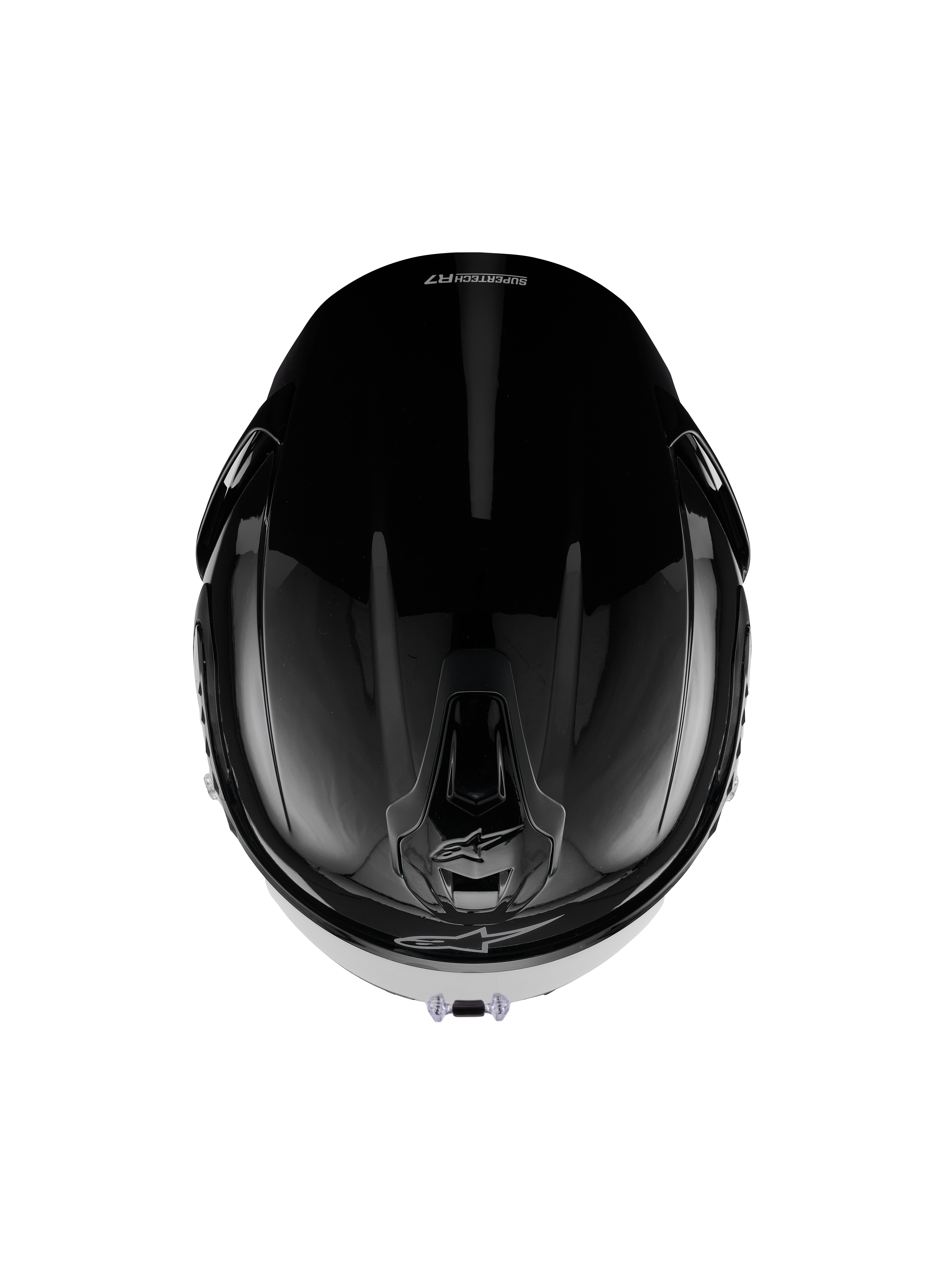 Capacete Alpinestars S-R7 Solid, capacete integral de motociclismo, preto brilhante, vista superior mostrando o casco aerodinâmico, as aberturas de ventilação e o acabamento brilhante elegante