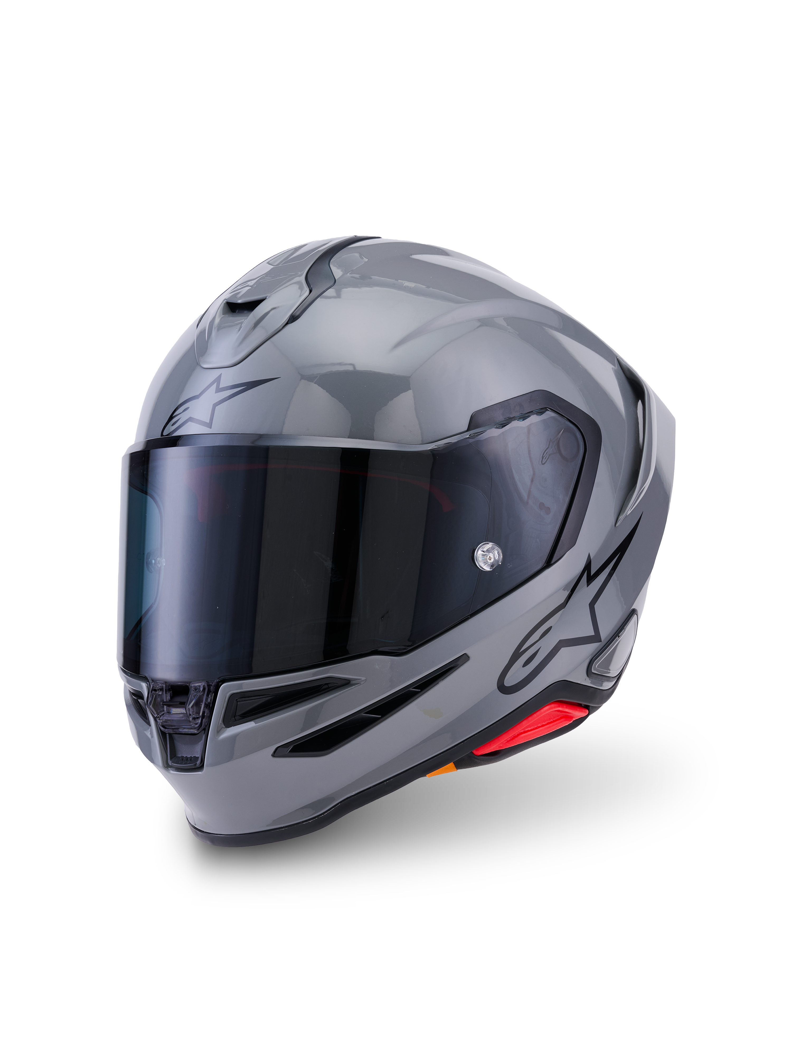 Alpinestars S-R7 Solid Helmet, full-face motorcycle helmet, Gray Glossy, featuring a dark-tinted visor, aerodynamic shell with integrated spoiler, ventilation ports, and black Alpinestars logo on the side