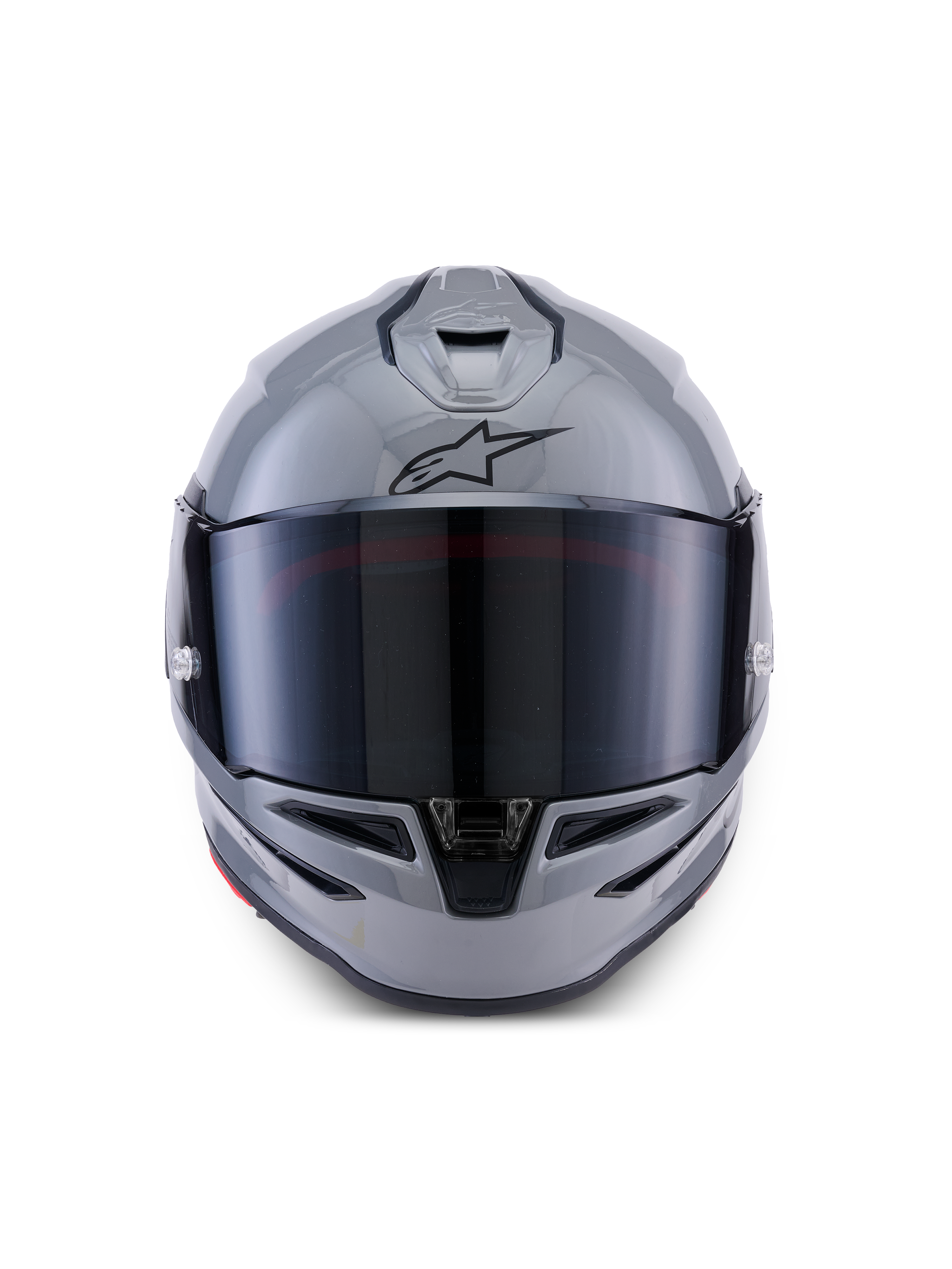 Alpinestars S-R7 Solid Helmet, Full-Face Motorcycle Helmet, Gray Glossy, front view with dark tinted visor, black A-star logo on forehead, aerodynamic shell with integrated ventilation, designed for racing and sport performance.