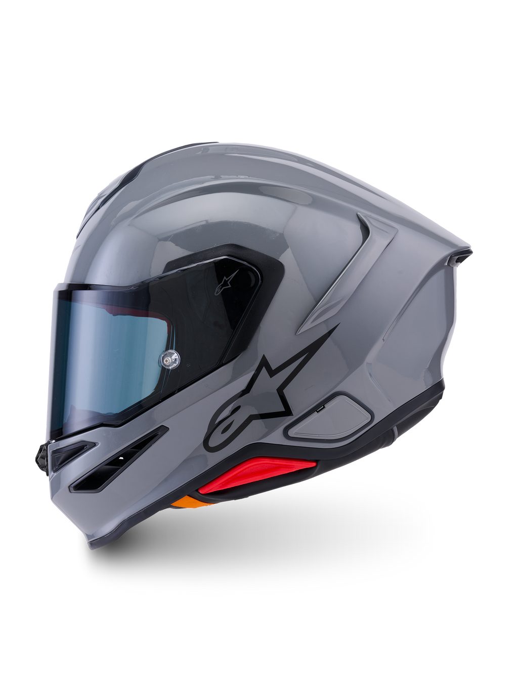 Alpinestars S-R7 Solid Helmet, full-face motorcycle helmet, Gray Glossy, side profile showing sleek aerodynamic design with integrated spoiler, black star logo, and red accent at the base