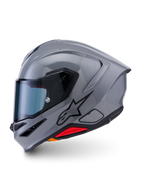 Alpinestars S-R7 Solid Helmet, full-face motorcycle helmet, Gray Glossy, side profile showing sleek aerodynamic design with integrated spoiler, black star logo, and red accent at the base