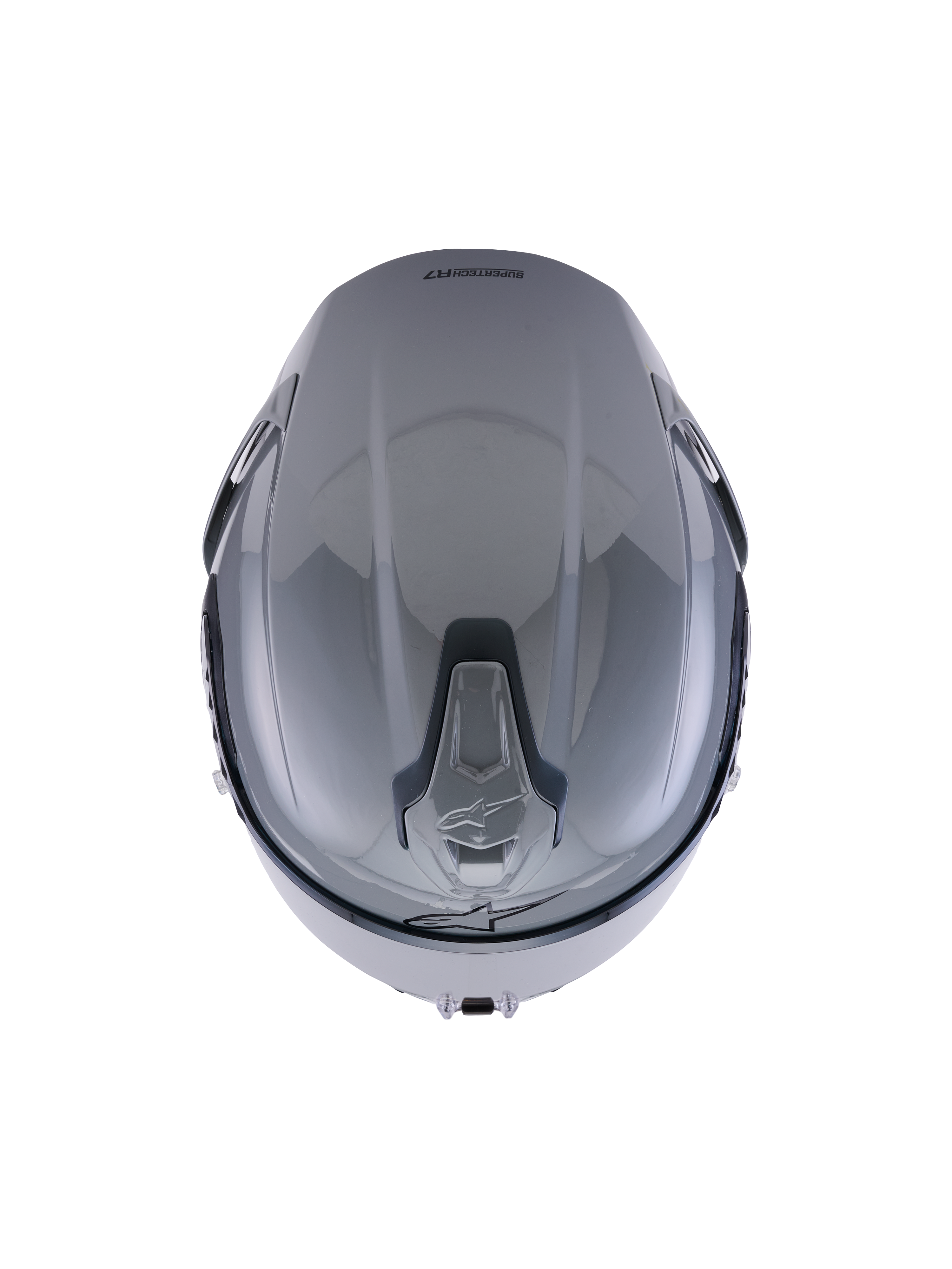Alpinestars S-R7 Solid Helmet, Gray Glossy, top-down view highlighting the aerodynamic shell design and integrated slidable top ventilation ports.