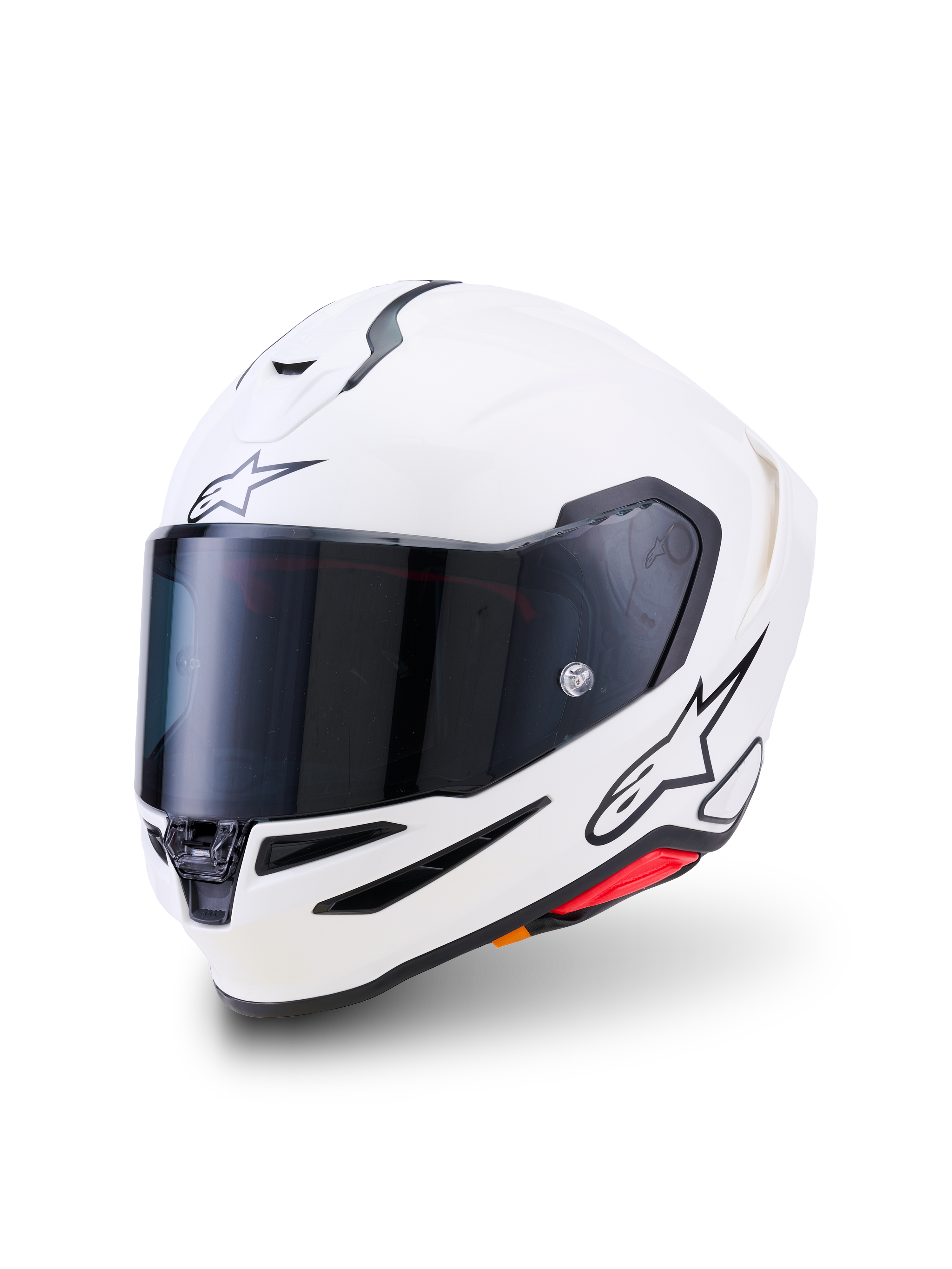 Alpinestars S-R7 Solid Helmet, Full-face Motorcycle Helmet, White Glossy, dark smoke visor, black star logo on forehead and side, aerodynamic shell with ventilation ports and red accents, high-performance racing and road gear