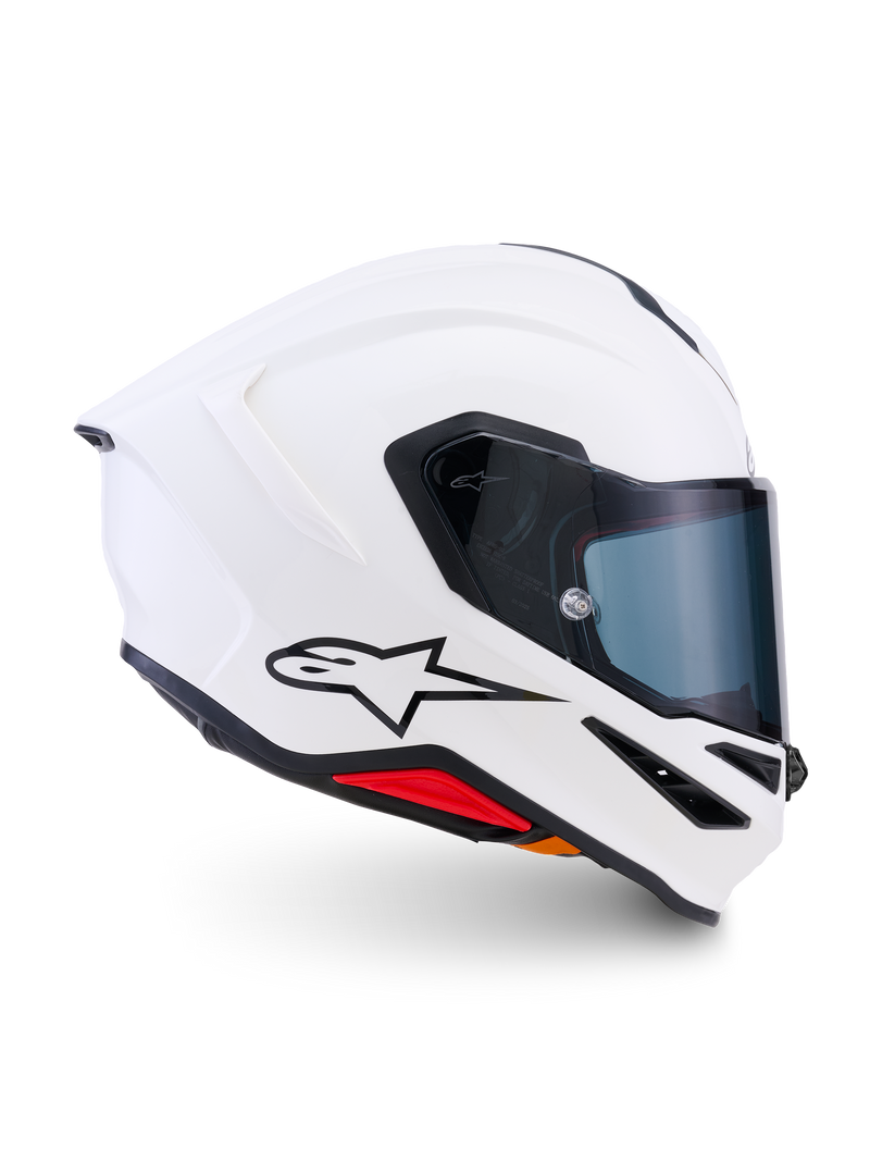 Capacete Alpinestars S-R7 Solid ECE 22.06, capacete integral de motociclismo, branco brilhante, construção em compósito de carbono com spoiler traseiro integrado e viseira transparente, logótipo A-star para performance em pista e estrada