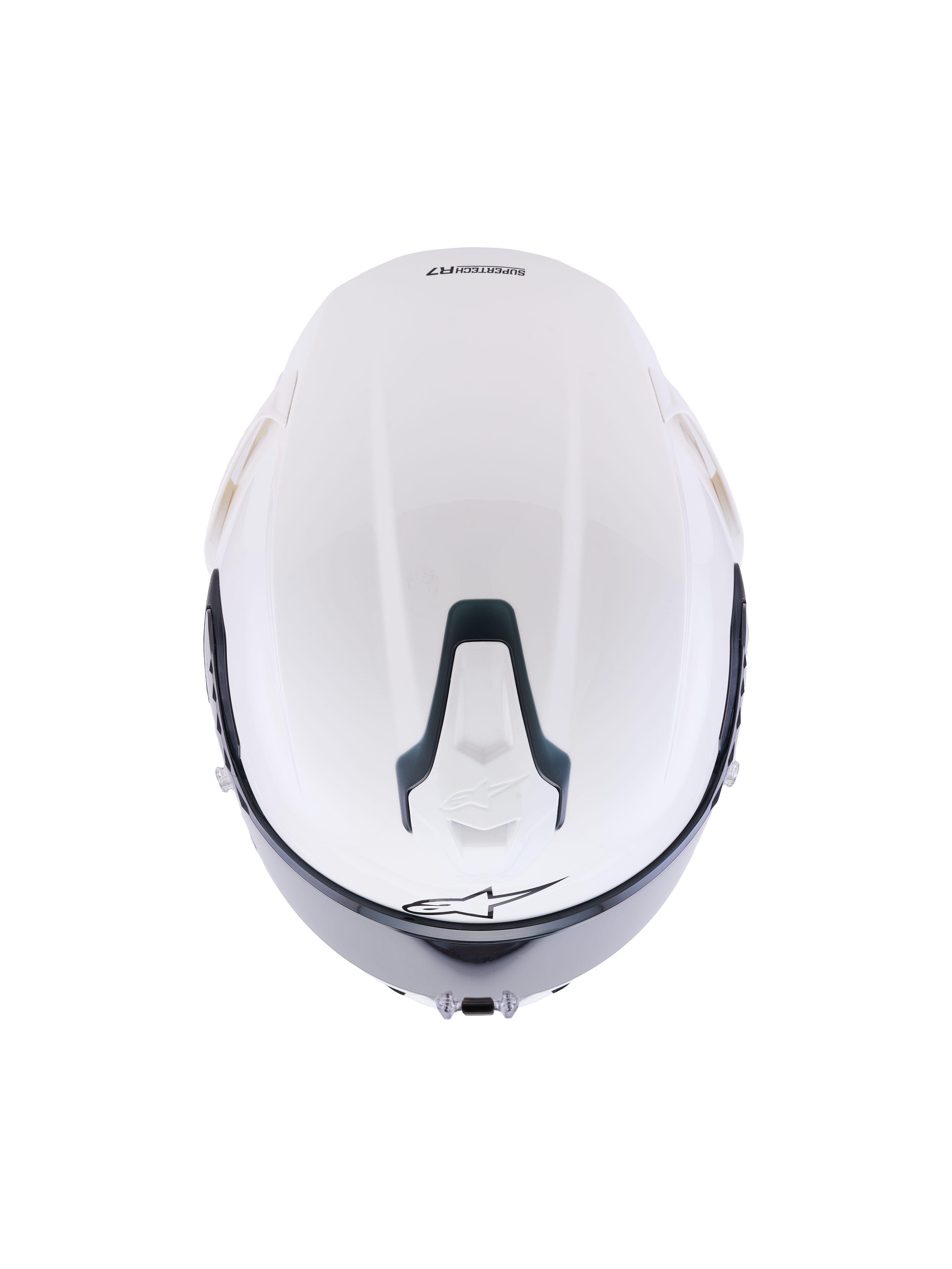 Alpinestars S-R7 Solid Helmet, White Glossy full-face motorcycle helmet, top-down view showing the aerodynamic shell, slidable top ventilation port with black accents, and signature star logo, sleek racing-inspired design for high-speed stability.