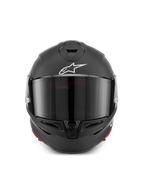 Alpinestars S-R7 Solid Capacete ECE06/DOT, capacete de moto preto mate, vista frontal com viseira escurecida, logótipo Astar branco e construção em compósito de carbono