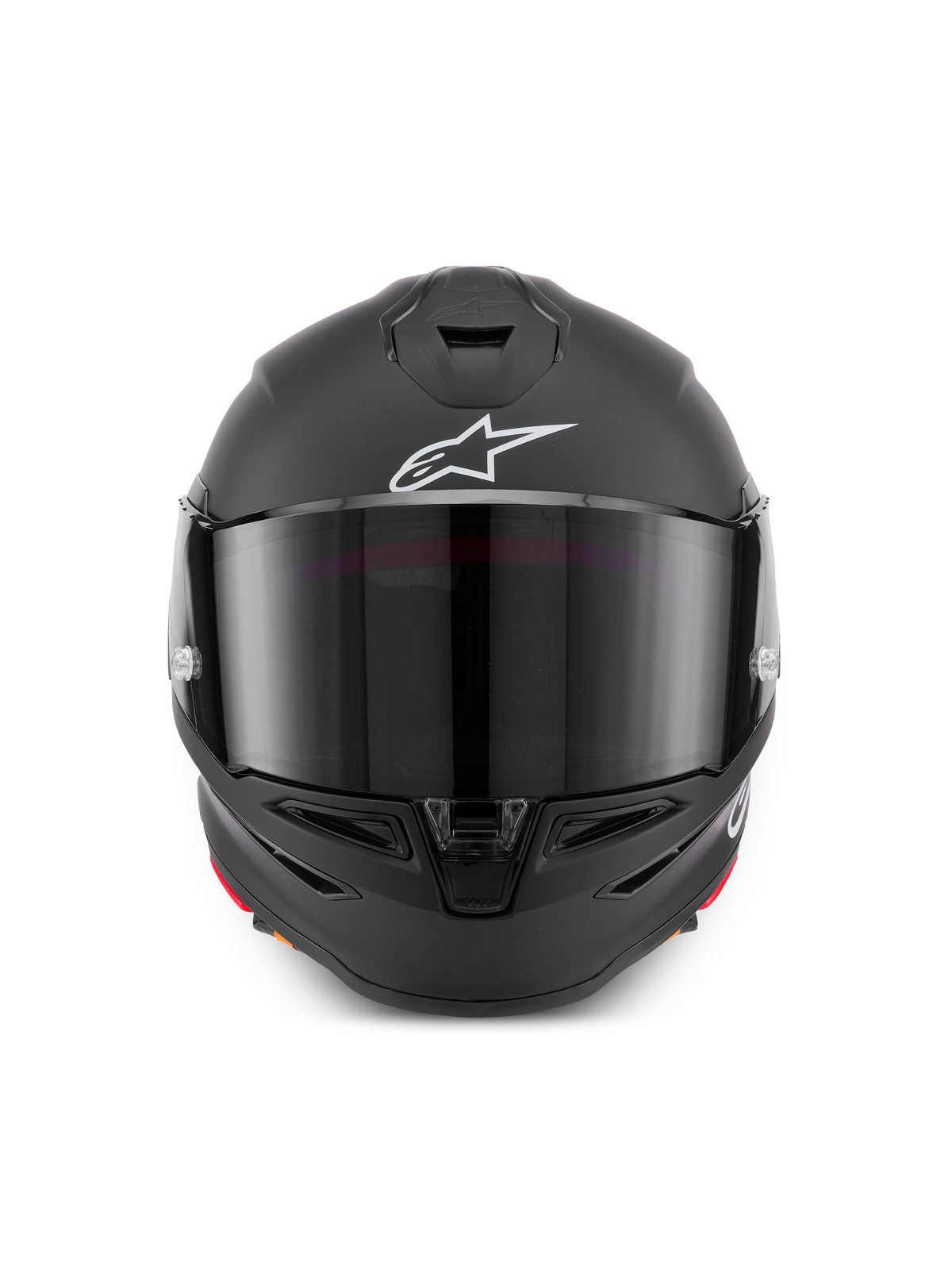 Alpinestars S-R7 Solid Capacete ECE06/DOT, capacete de moto preto mate, vista frontal com viseira escurecida, logótipo Astar branco e construção em compósito de carbono