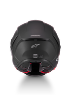 Alpinestars S-R7 Solid Capacete ECE06/DOT, capacete de moto para corrida, preto mate, vista traseira com branding Supertech R7, exaustão de ventilação e etiquetas de certificação ECE